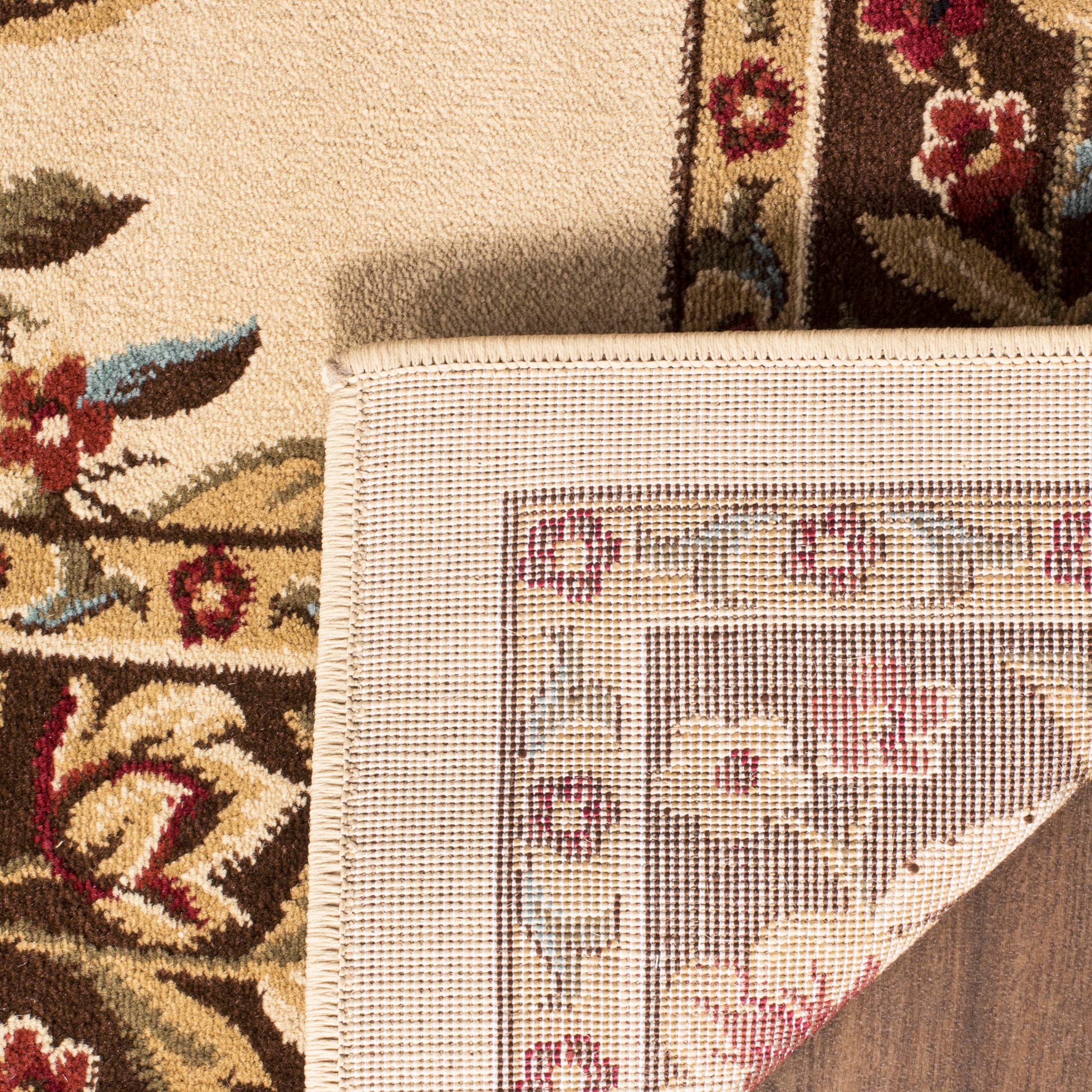 Ivory and Brown Floral Border Medium Pile Area Rug