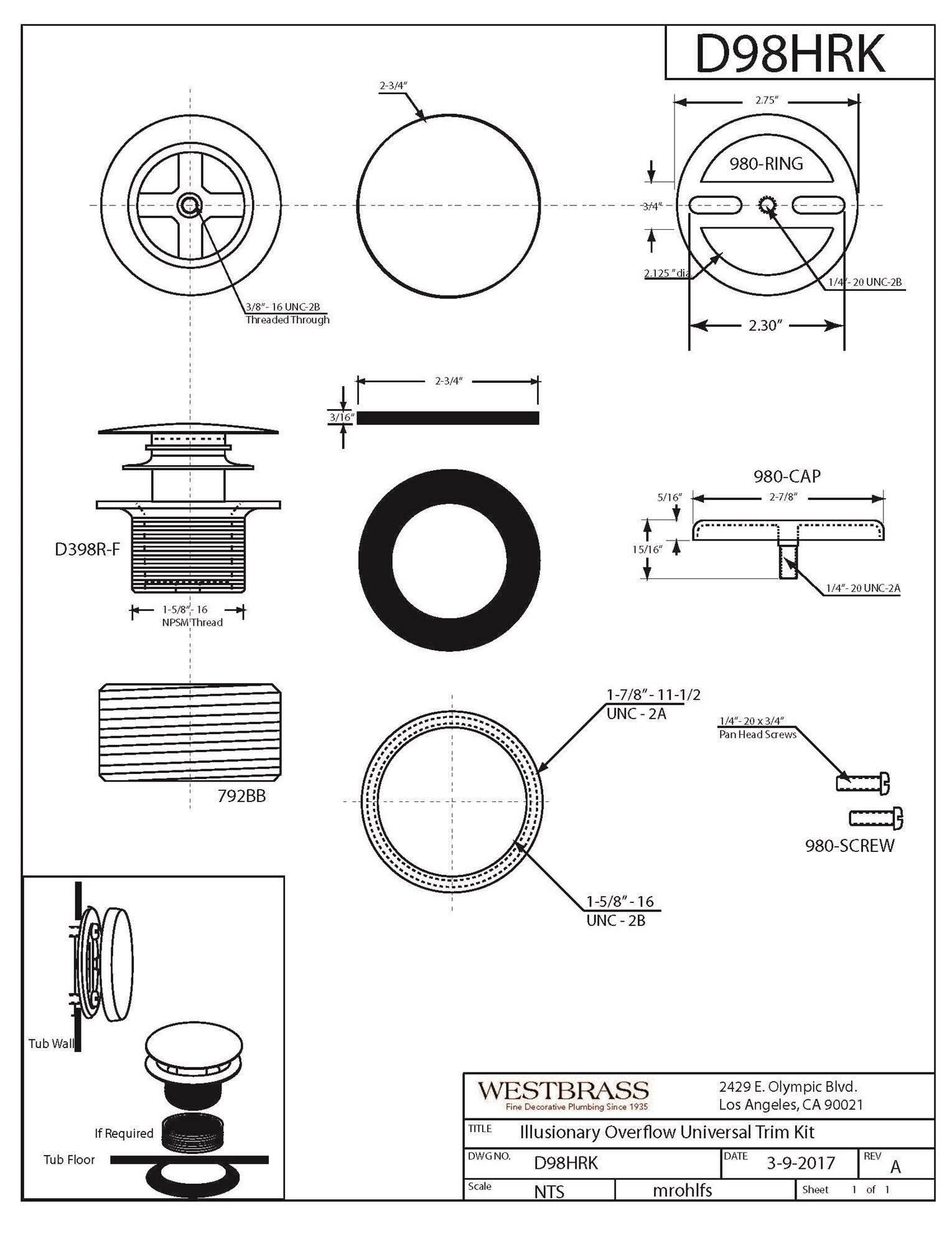 WESTBRASS D98HRK-26 Tub-Drain-Accessories - View #2
