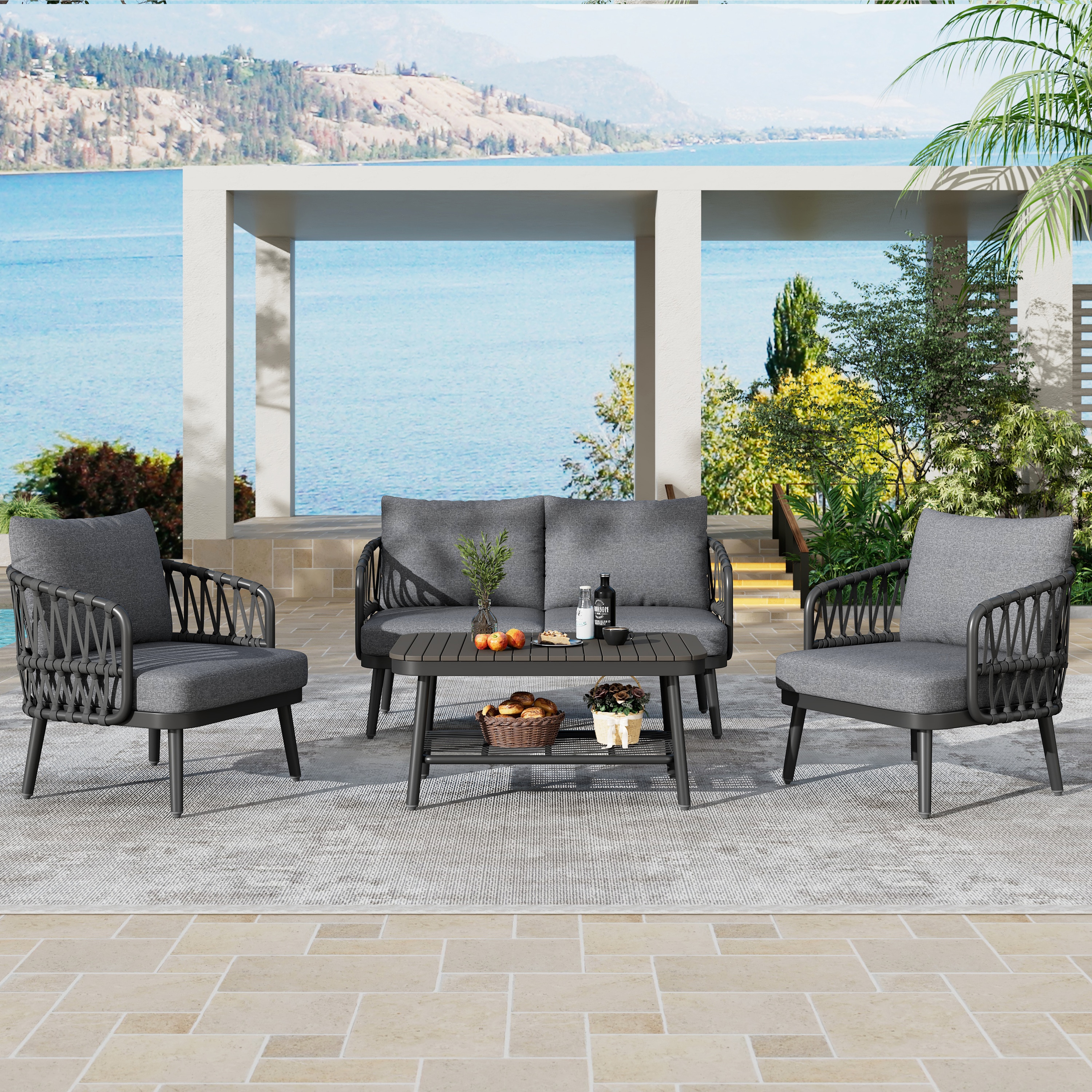 ModernLuxe L3P-N780P209458G 4Piece Outdoor Patio Furniture Set Metal Chairs with Woven Rope UShaped BackrestOutdoor Conversation Set with Thick Cushions and Coffee Table for Garden Poolside Balcony Black  Grey