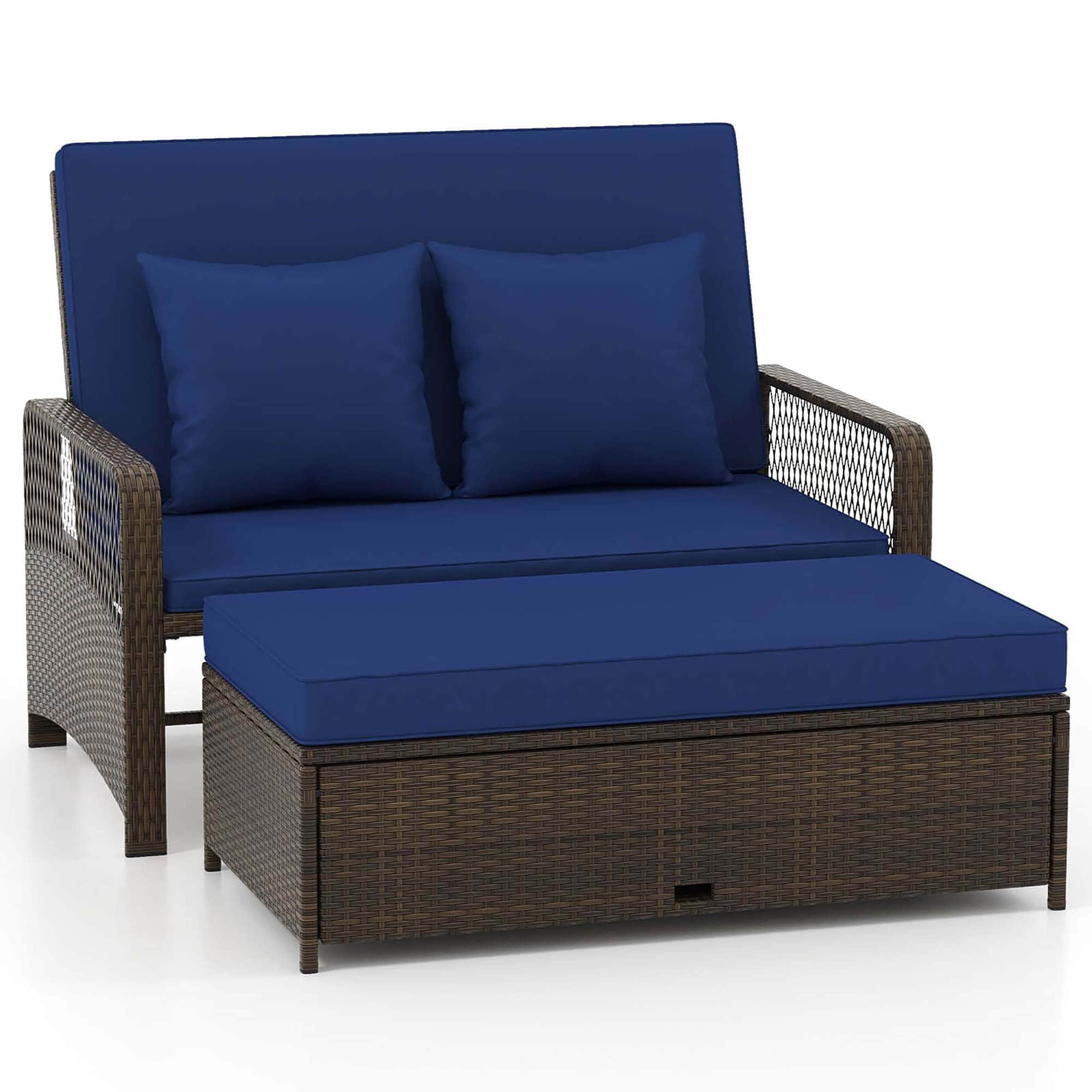 Costway HCST04850 Rattan Outdoor Daybed with Blue Cushions and Steel Frame