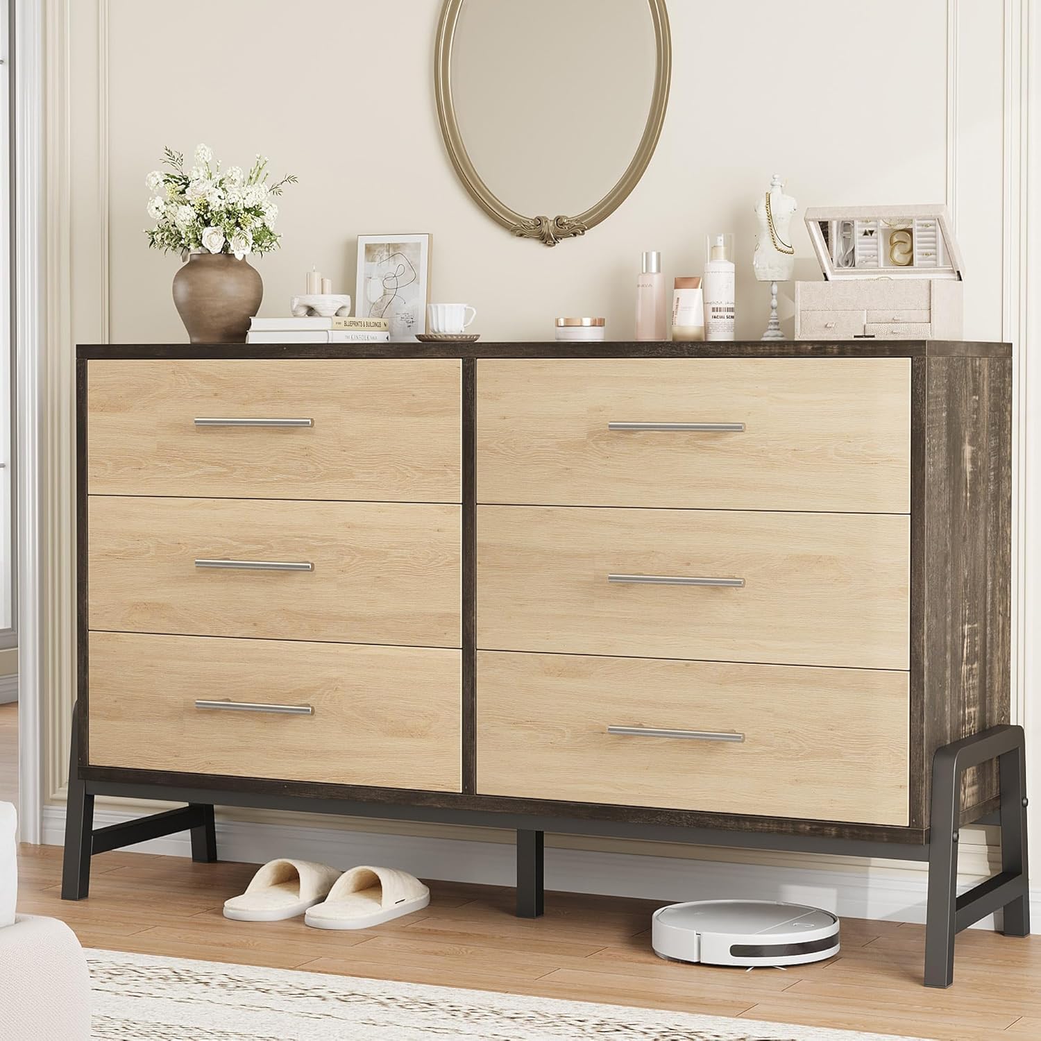 Qeetex Freestanding 52 Inch Wide Dresser with 6 Large Storage Drawers Closet and Color of Brown and Oak Storage Dresser Chest for Living Room and Bedroom and Entryway