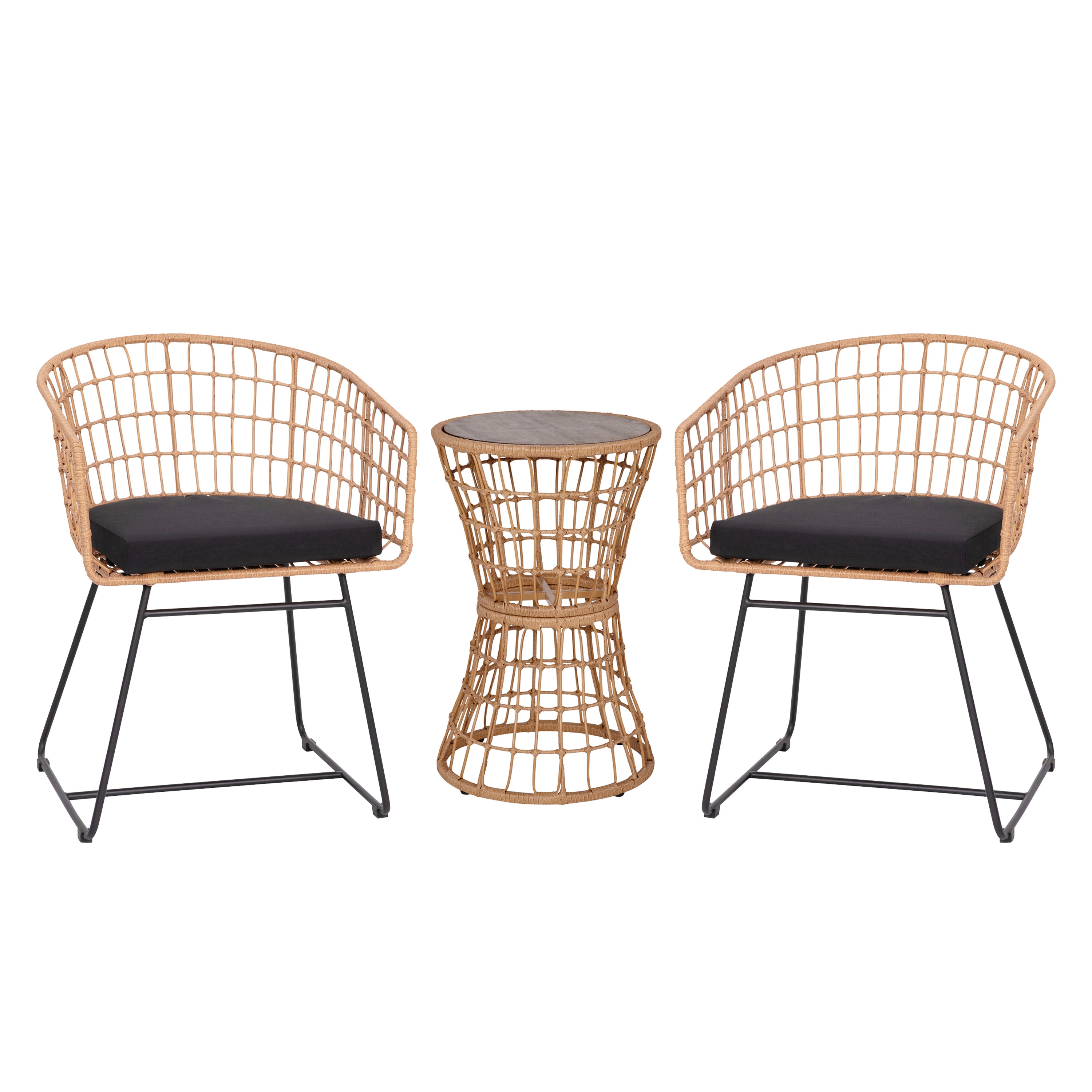 Taylor & Logan 196861087783 Fielder 3 -Piece Brown Rattan Patio Dining Set Rattan Round Table with 2 Black Cushions Stationary Chairs