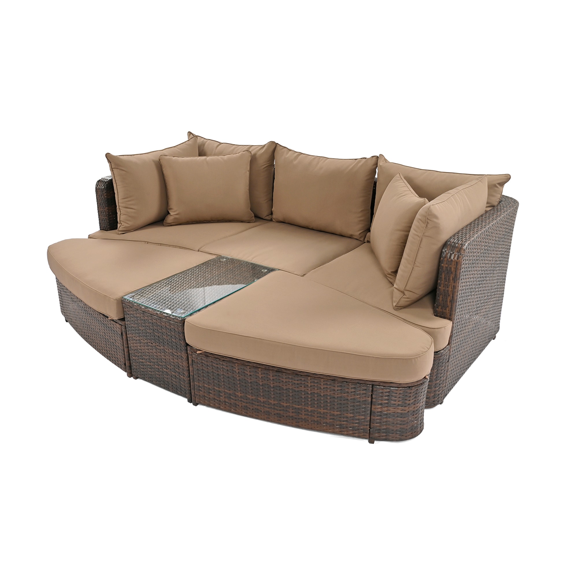 CASAINC WF-HW54436+ Outdoor Conversation Round Sofa Set Rattan Outdoor Sectional with Brown Cushions and Wicker Frame