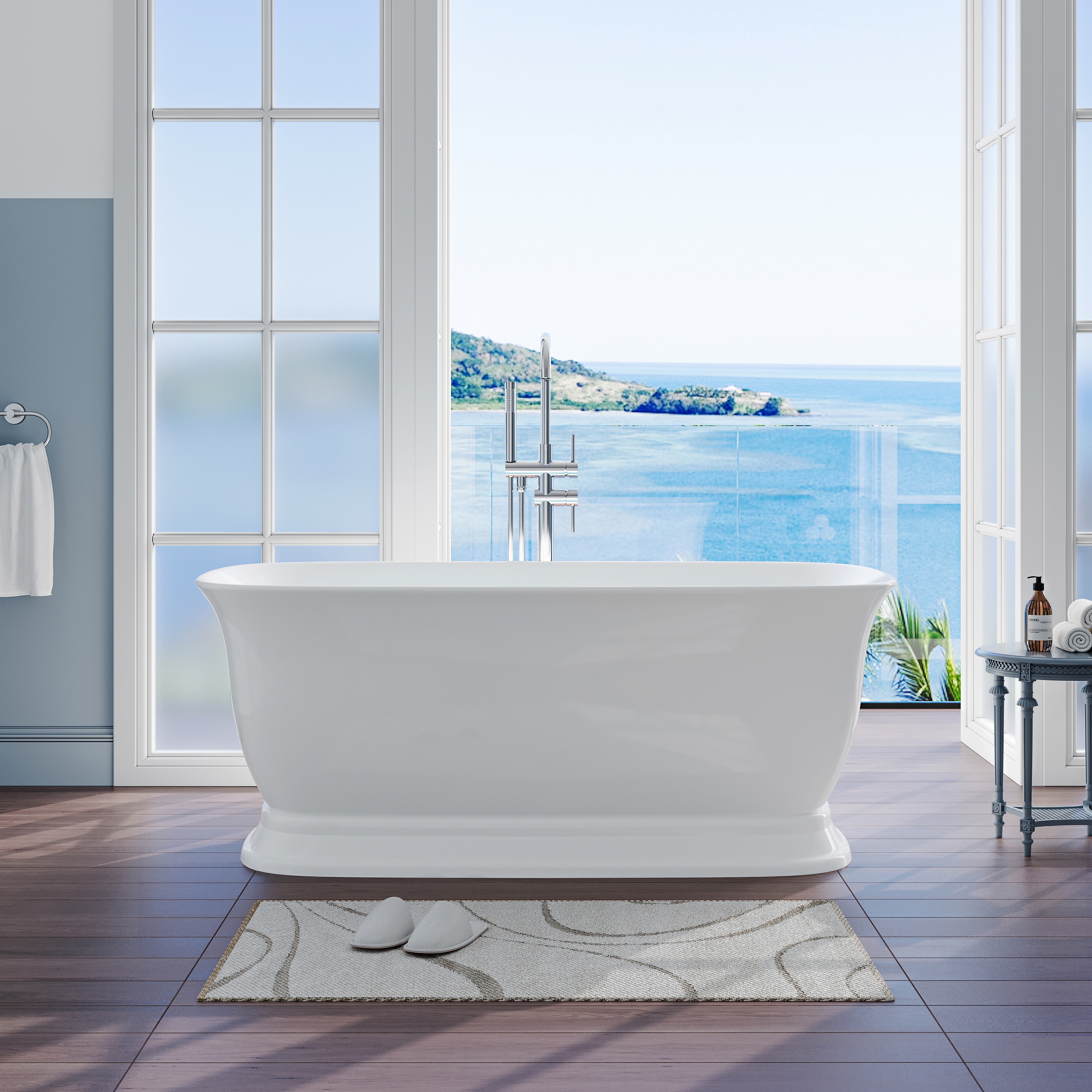 Forclover TUW-TI150 Acrylic Bathtub 31.5-in x 59-in glossy white Acrylic Oval Freestanding Soaking Bathtub ( Center Drain )