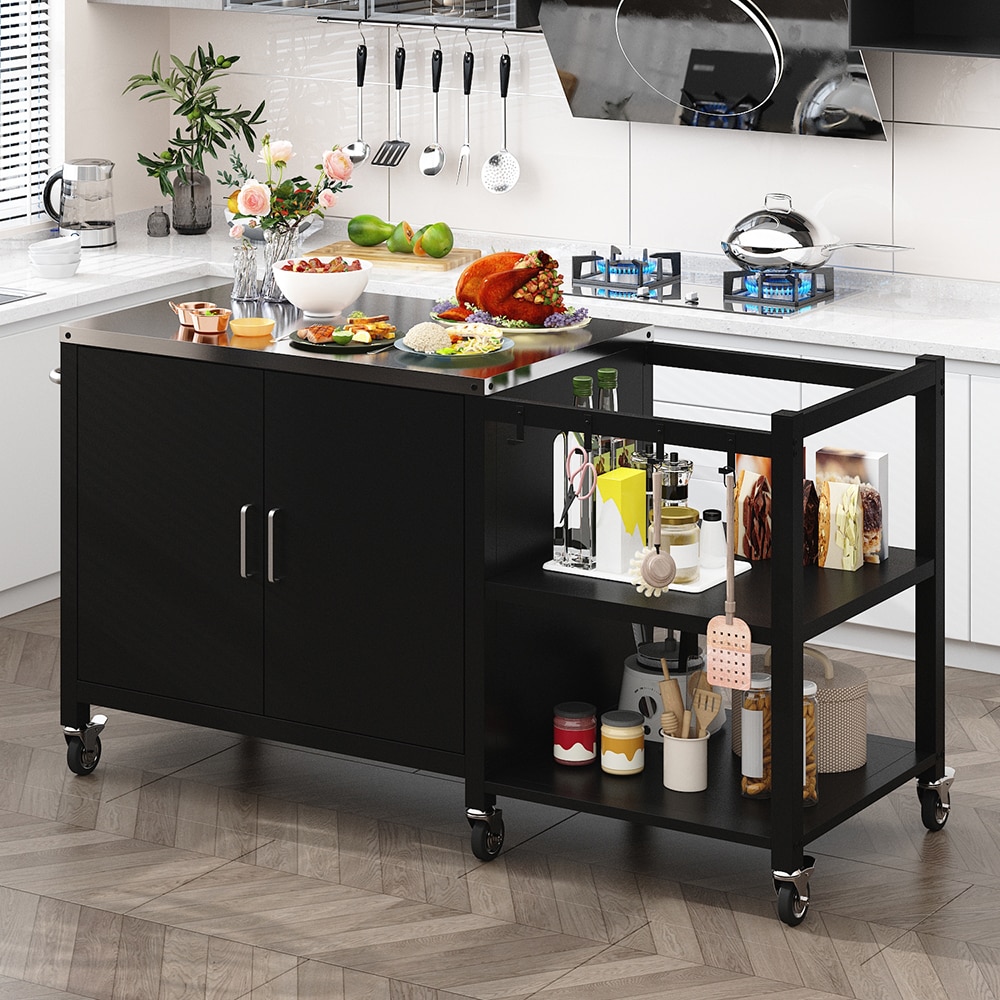 Homsee C-KF590004-01 Multi-Functional Kitchen Island Cart with Stainless Steel Countertop and Locking Wheels – Outdoor BBQ Prep Station with Storage Shelves and Cabinet