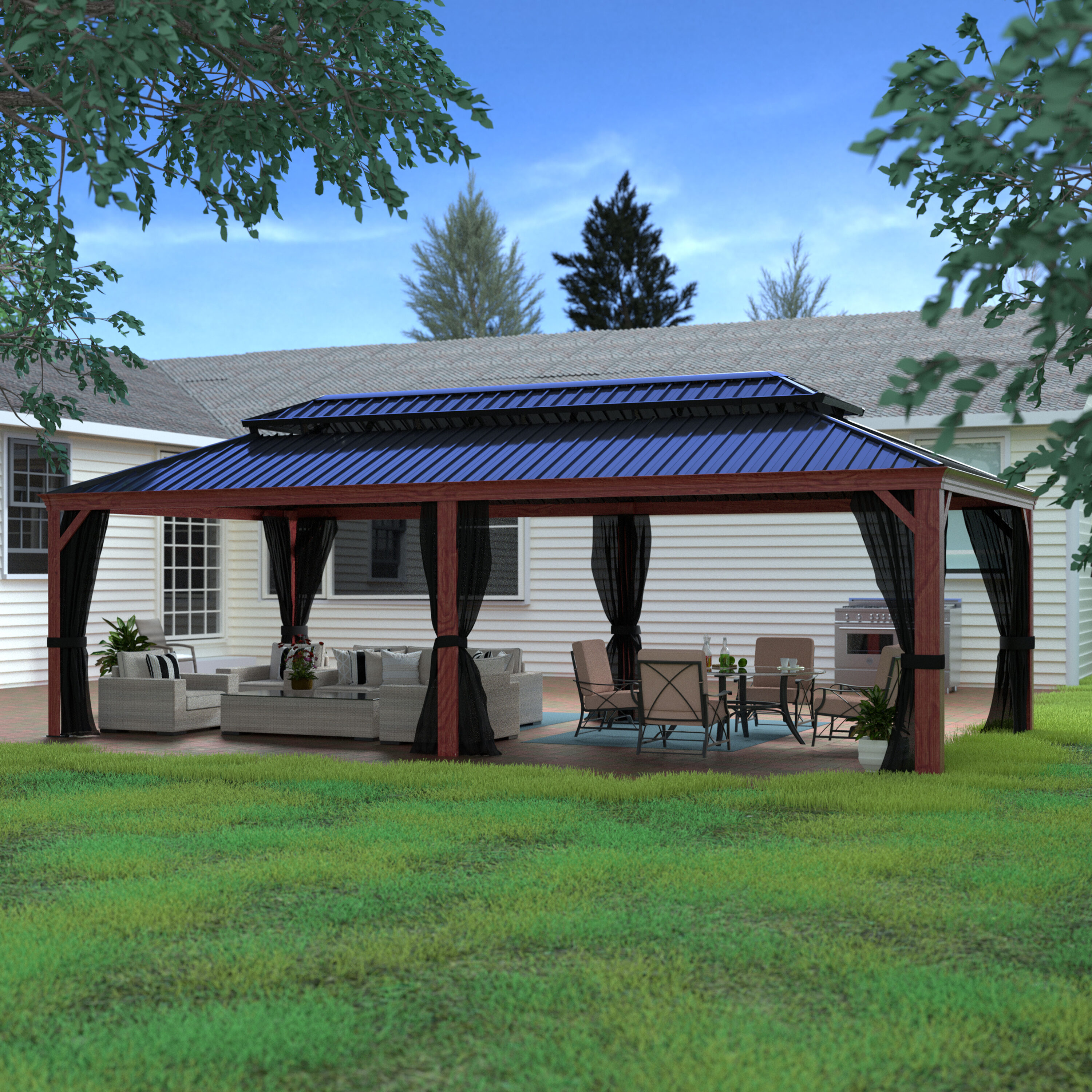 VEIKOUS PG0201-24RT-1 Black Rectangle Gazebo with Hardtop Steel Roof (Screen Included)