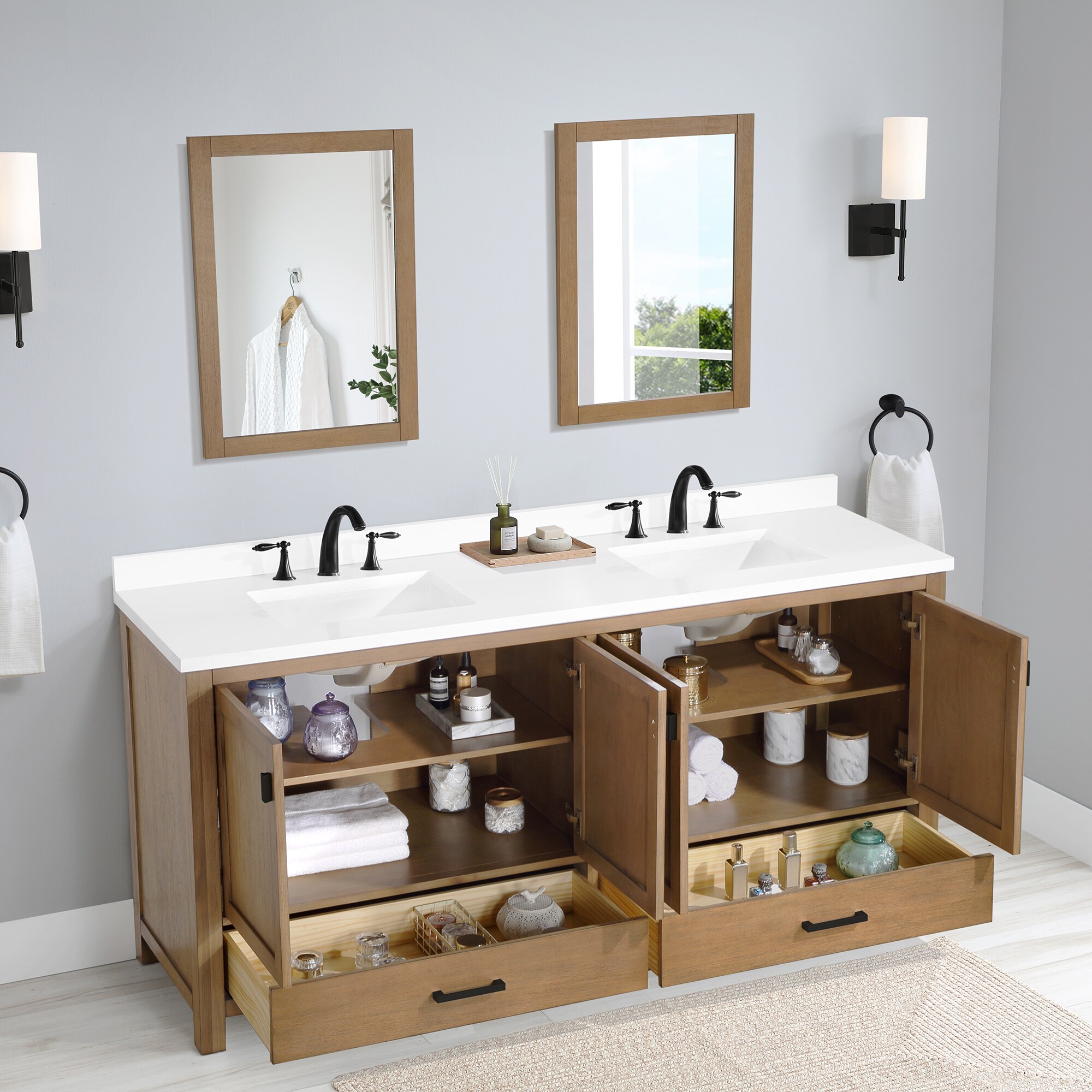 allen + roth Ronald 72-in Almond Toffee Undermount Double Sink Bathroom  Vanity with White Engineered Stone Top in Brown