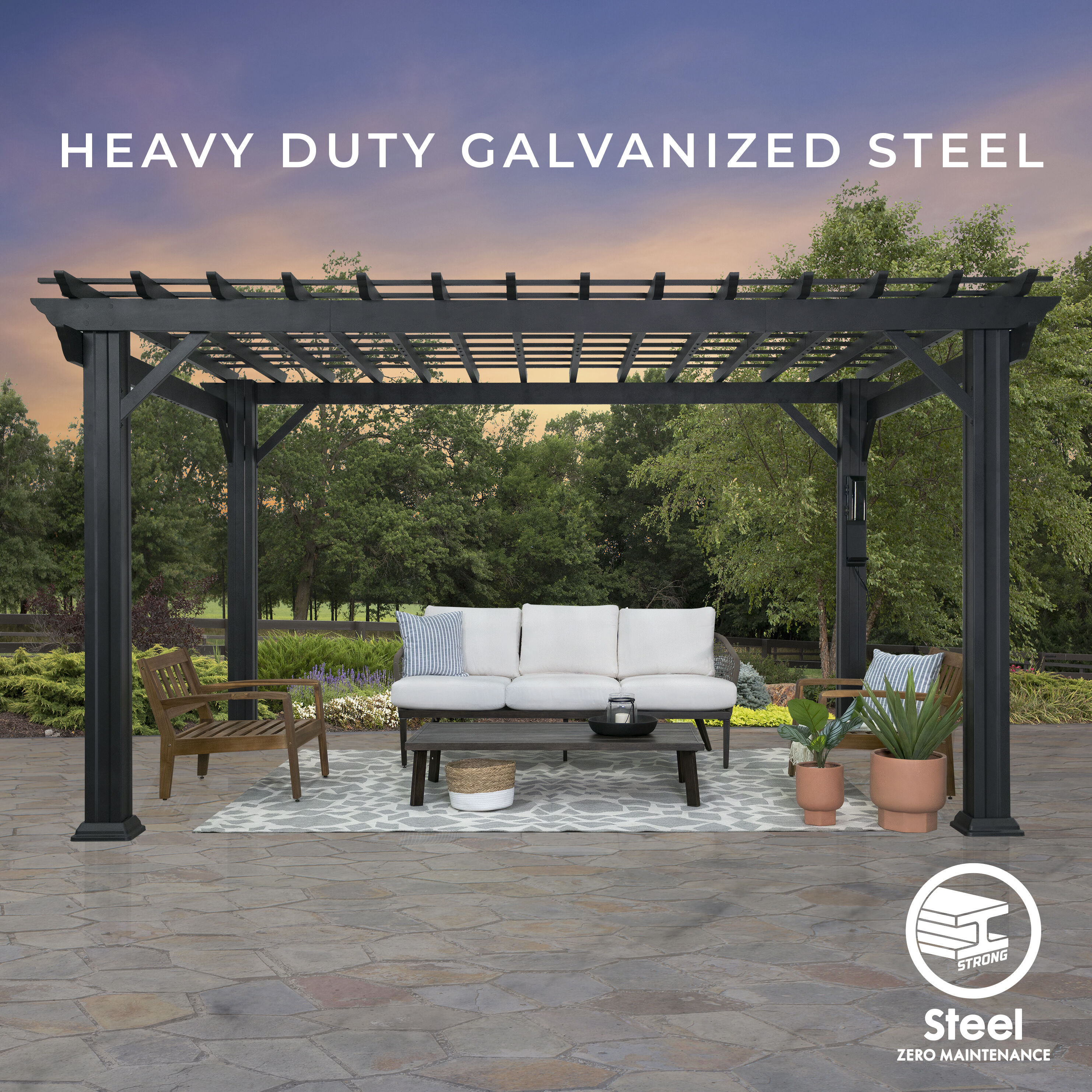 Stratford Black Steel Pergola with Soft Shade Canopy
