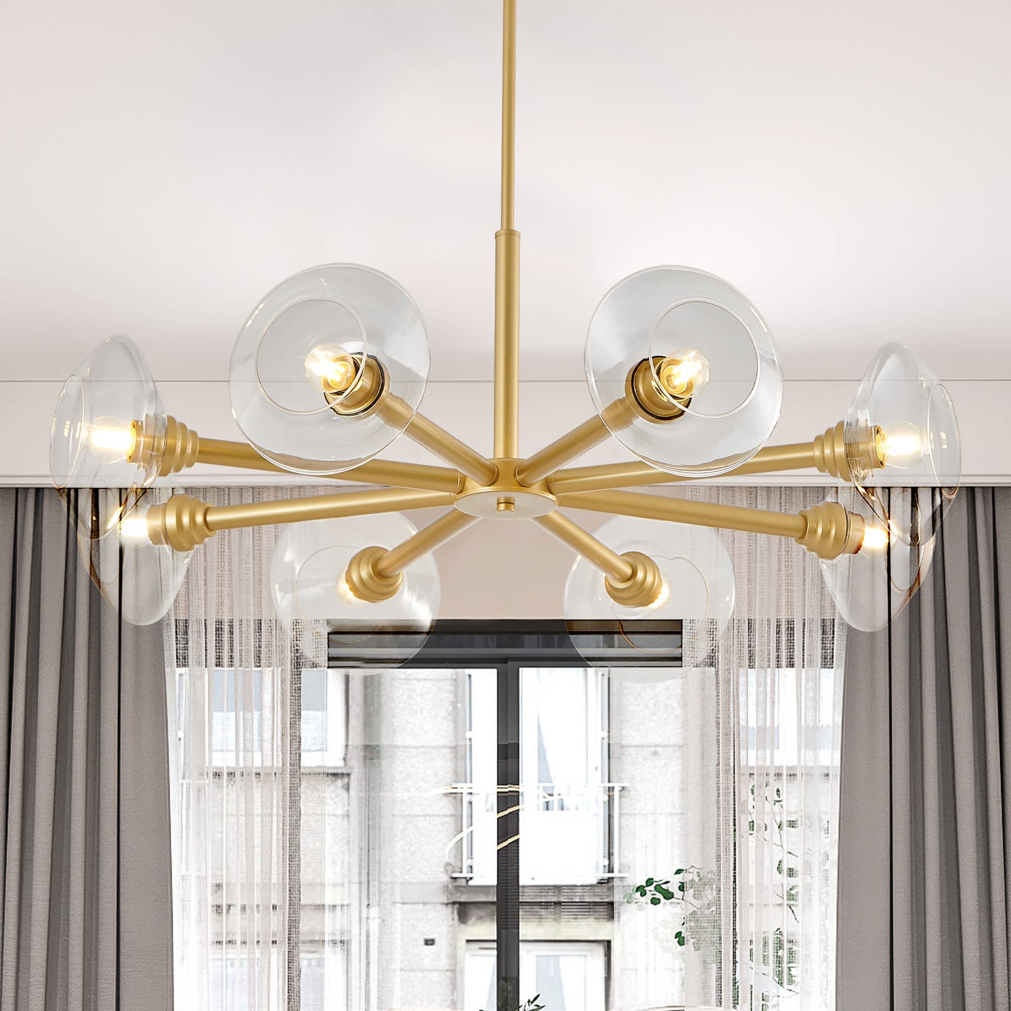 JCFL CD-HL-26 36 in. Gold Iron Modern 8-Light Sputnik Chandelier with Clear Glass Shades Hanging Pendant Light Fixture for Dining Room Living Room Kitchen