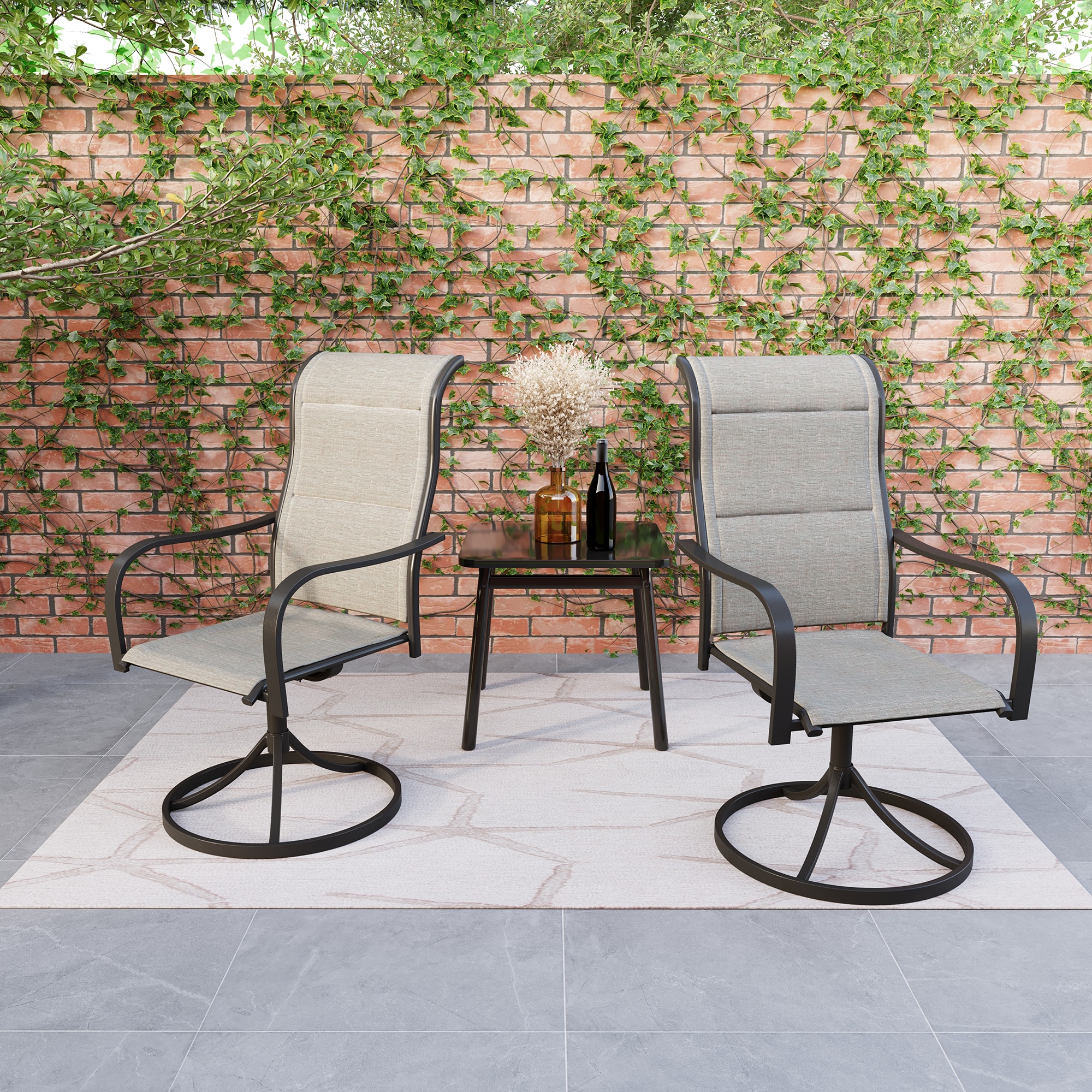 Clihome 2 Textilene Patio Iron Dining Swivel Chairs 2 Black Iron Frame ...