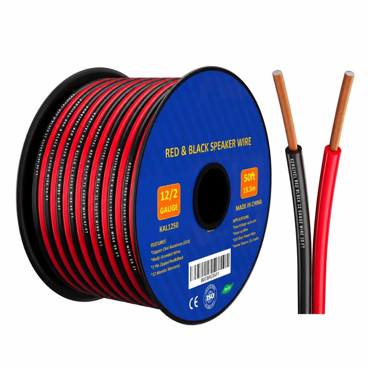 Aoibox  12 Gauge 50 ft 2 Conductor Red Black Low Voltage Cable Copper Clad Aluminum Wire for LED Strips