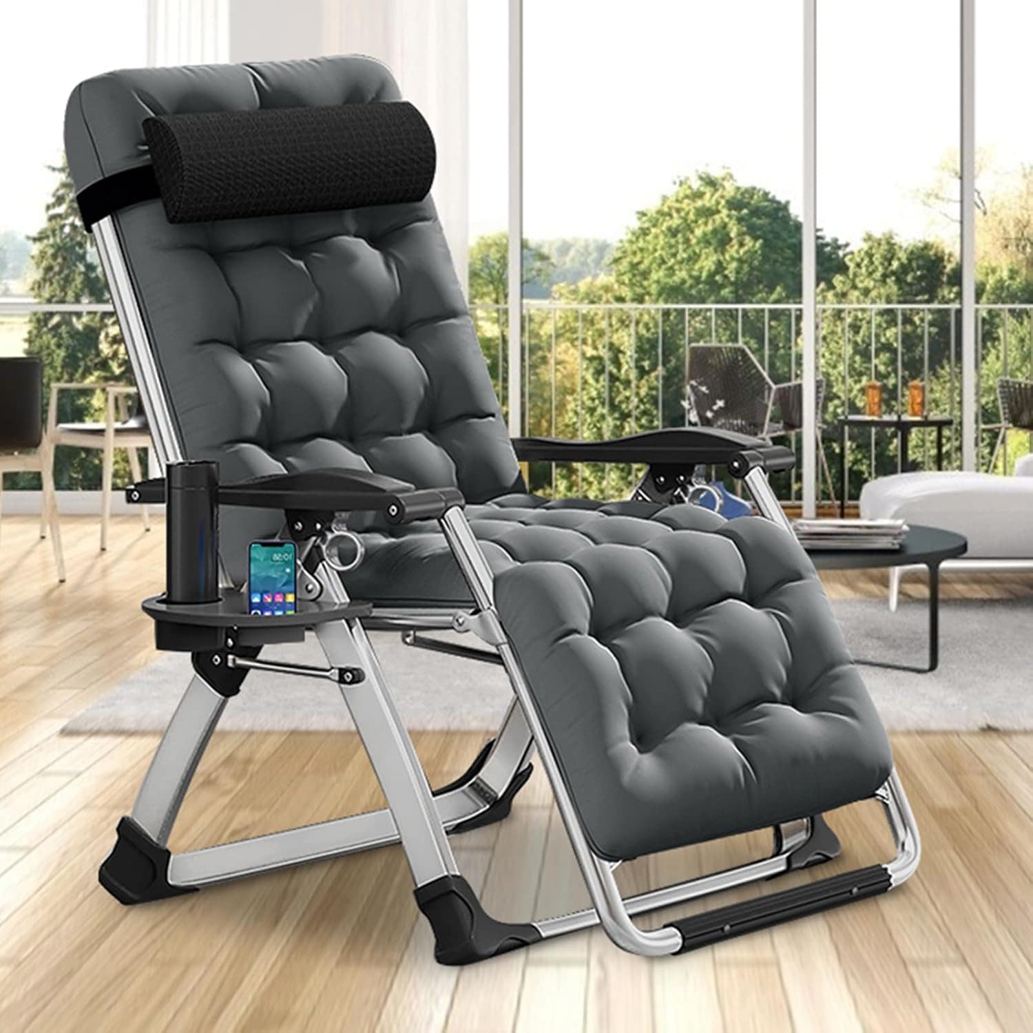 Esazn K16ZDY-12LYU Outdoor Lounge Chair Stackable Smoky Gray Steel Frame Stationary Zero Gravity Chair with Gray Cushioned Seat