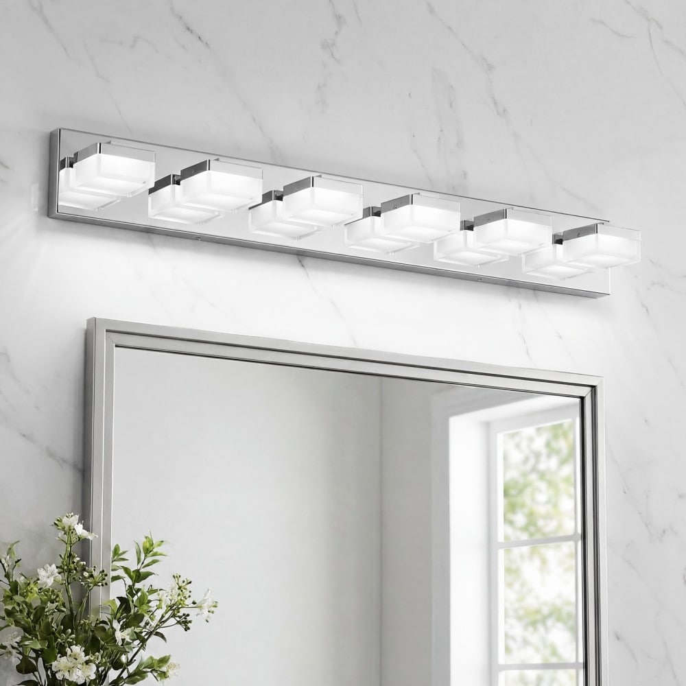 Basdien 38 in Chrome 6 Light Modern LED Vanity Light for Bathroom Transparent Acrylic Matt Black Over Mirror Vanity Light Energy Saving 18W Provides 80W Brightness Hardwired Easy Install Thick Acrylic Shade Soft Lighting Eye Care