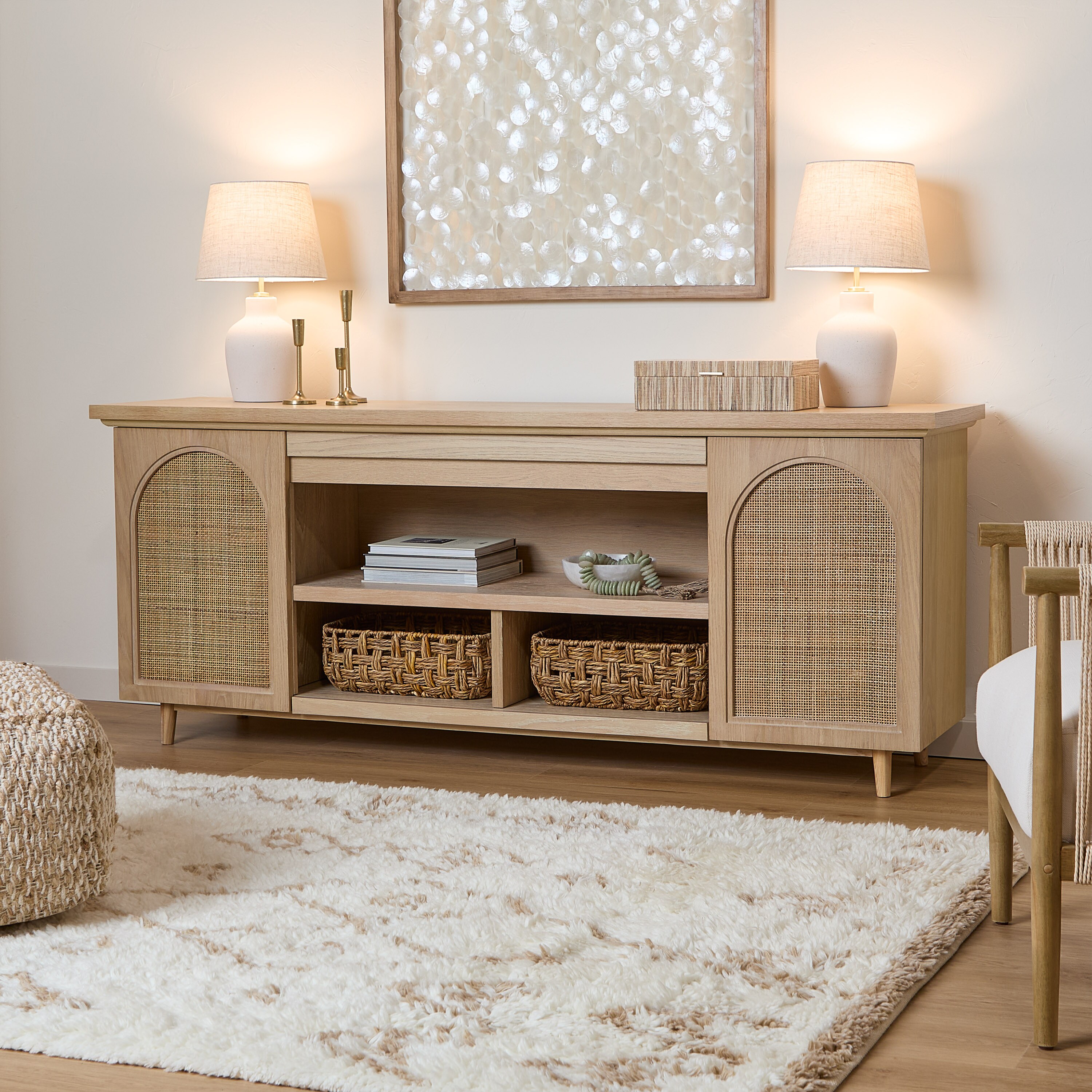 Dahlia 76" White Oak TV Stand with Fireplace and Cabinet