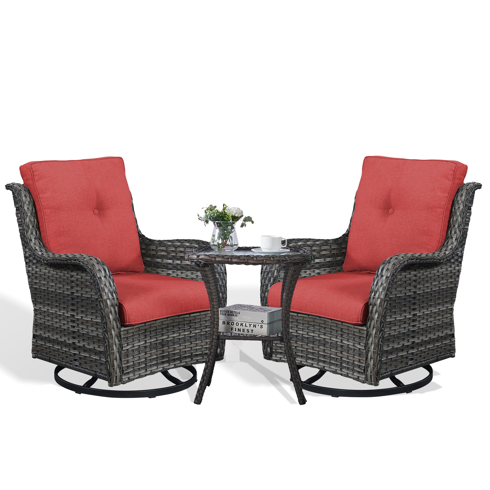 Rilyson FS036-5 Curved handrail Set of 2 Wicker Gray Wicker Frame Swivel glider Conversation Chair with Red Red Cushioned Seat