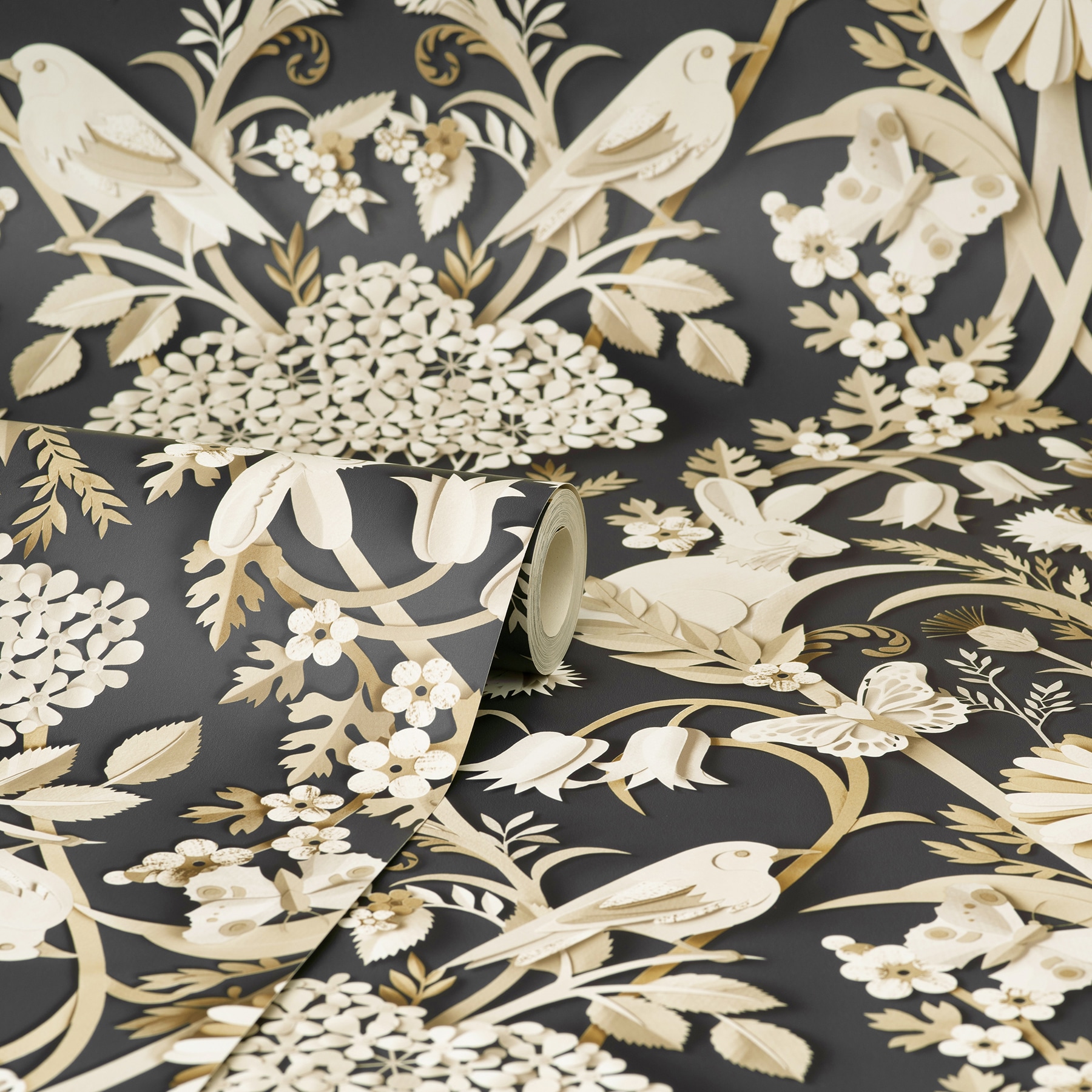 Whimsical Charcoal and White 3D Woodland Wallpaper