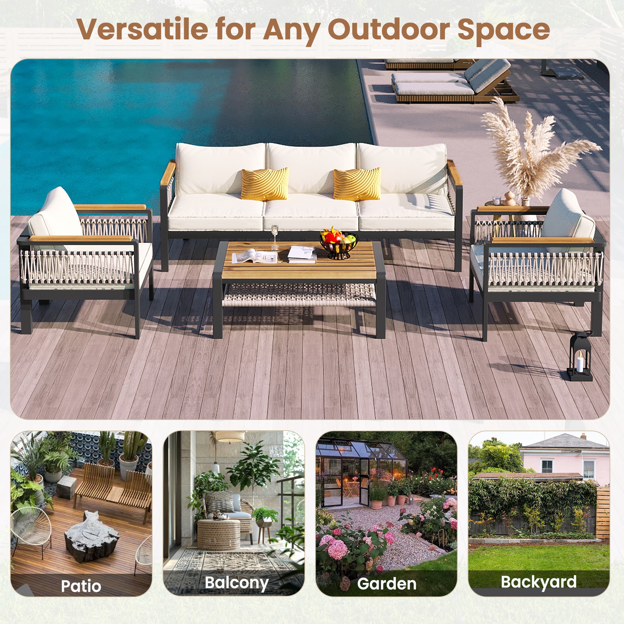 Black Steel 7-Piece Outdoor Dining Set with Cushions