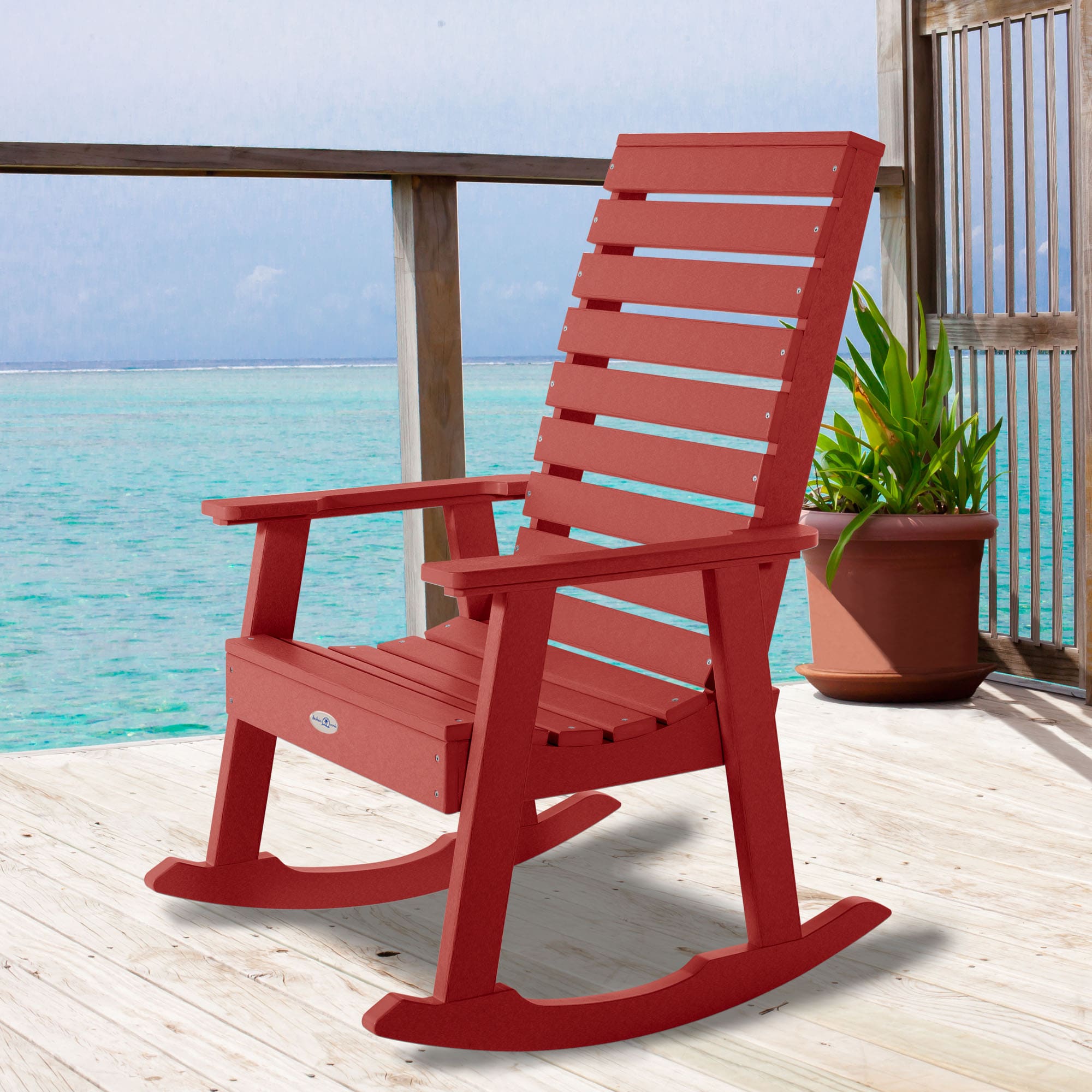highwood BV-RKCH2-BRE Riverside Boathouse Red Poly-lumber Frame Rocking Chair with Slat Seat
