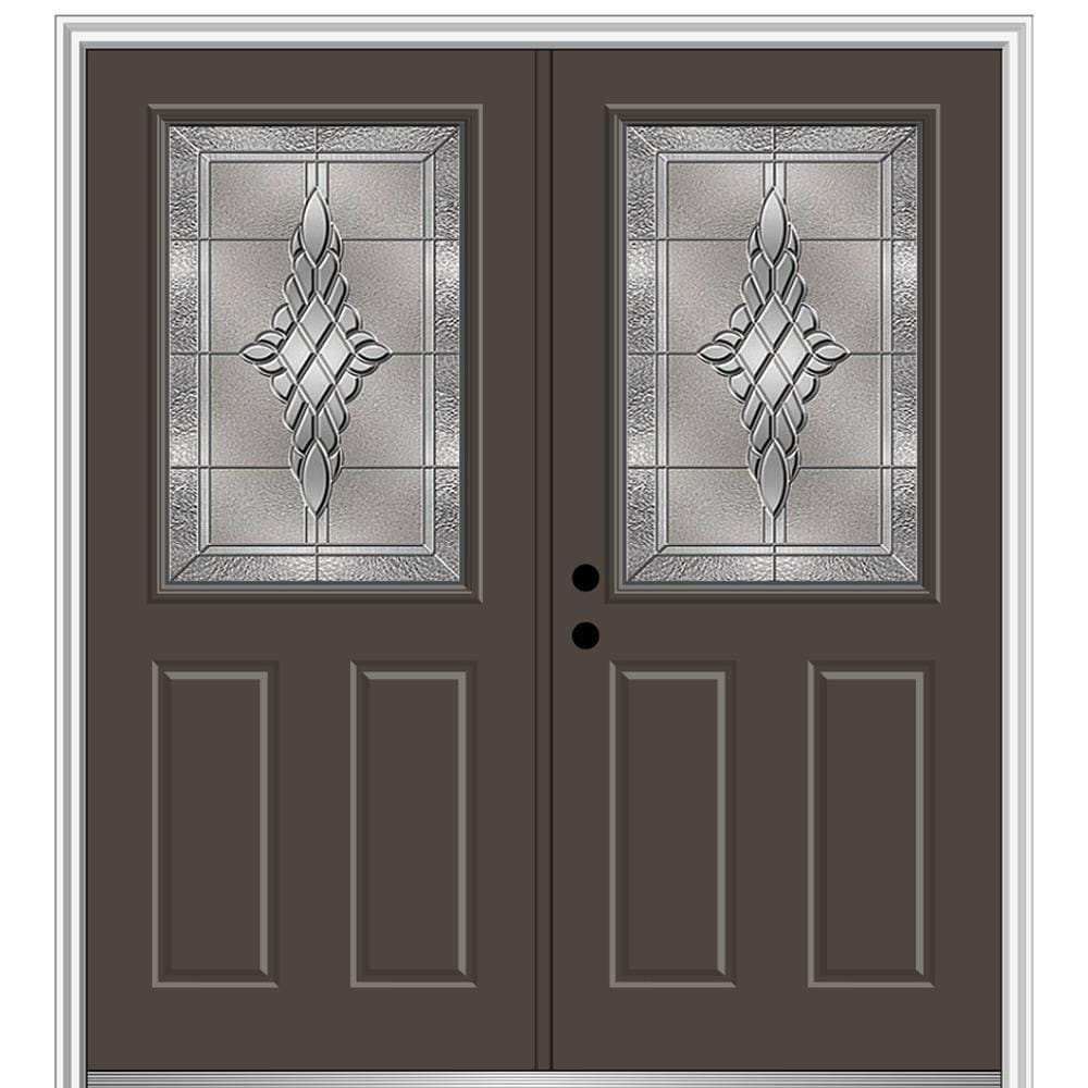 MMI DOOR ZZ366206R 72-in x 80-in x 6-9/16-in Fiberglass Half lite Right-hand inswing Brown Painted Prehung Double Front Door with Brickmould Insulating core
