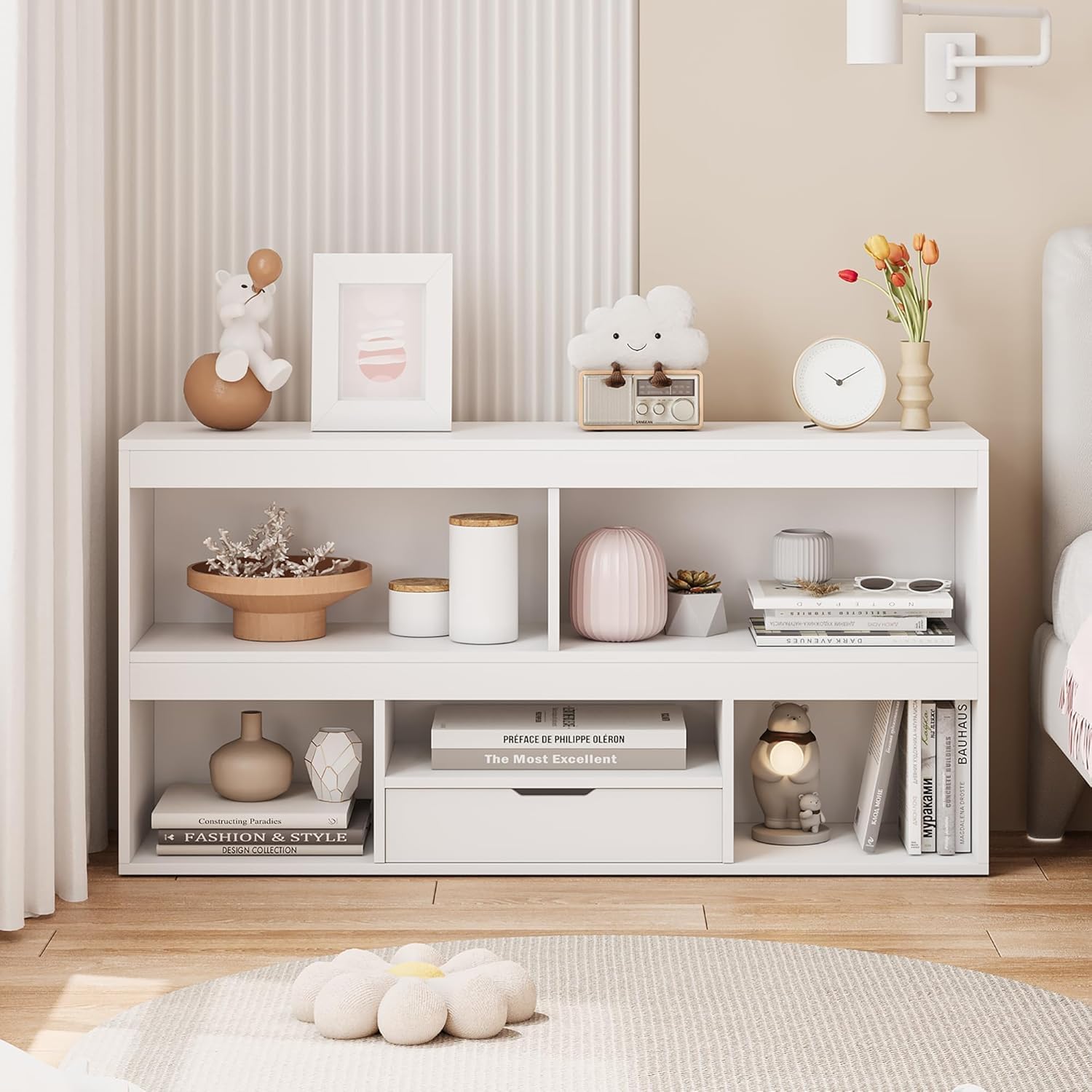 WhizMax ASDPHO15MF89A2 2 Tier Kids Bookshelf and Toy Storage Organizer with 5 Cubby Compartments and 1 Drawer Unfinished White