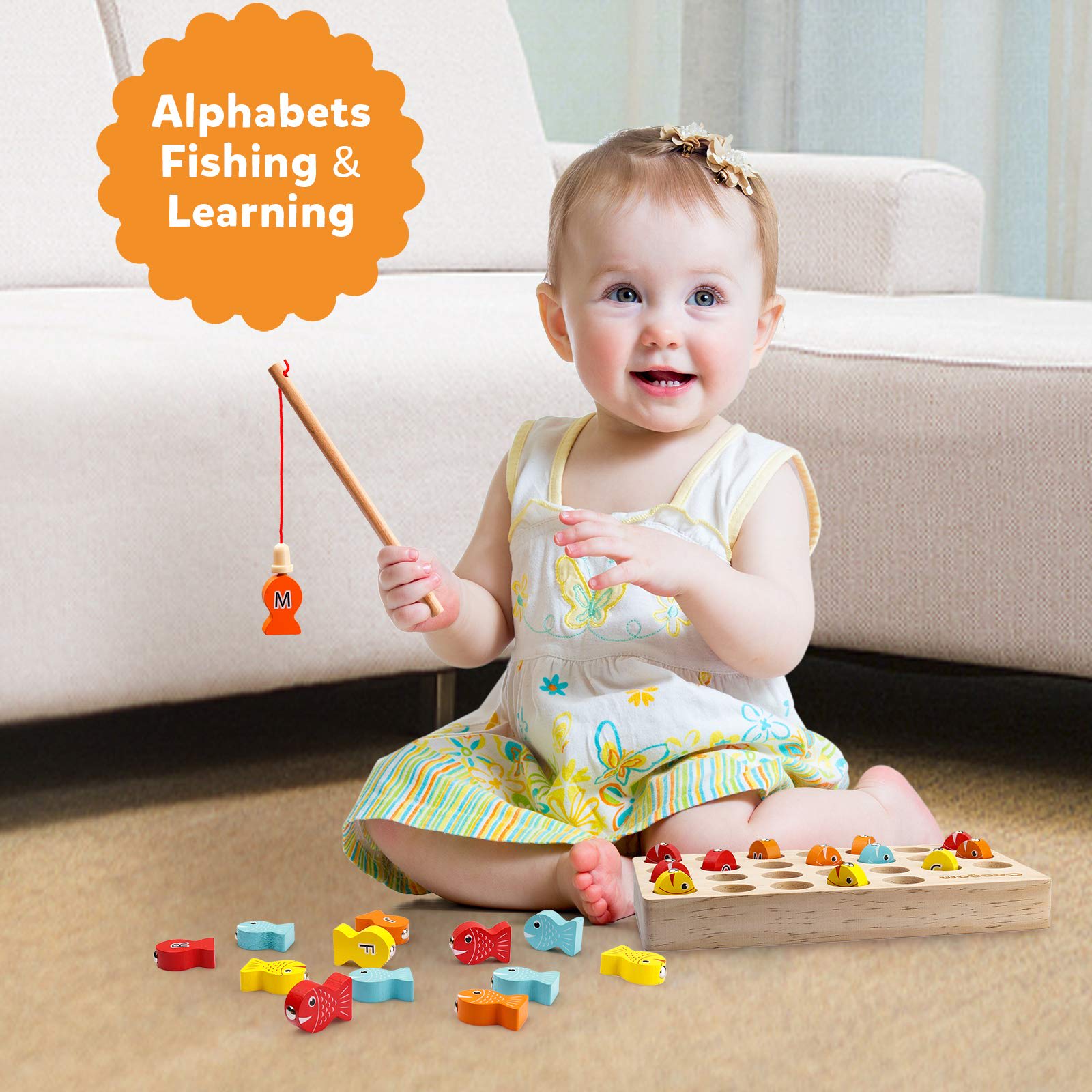 Aoibox Wooden Magnetic Fishing Game 26 PCS Alphabet Fish 2 Poles 1 ...