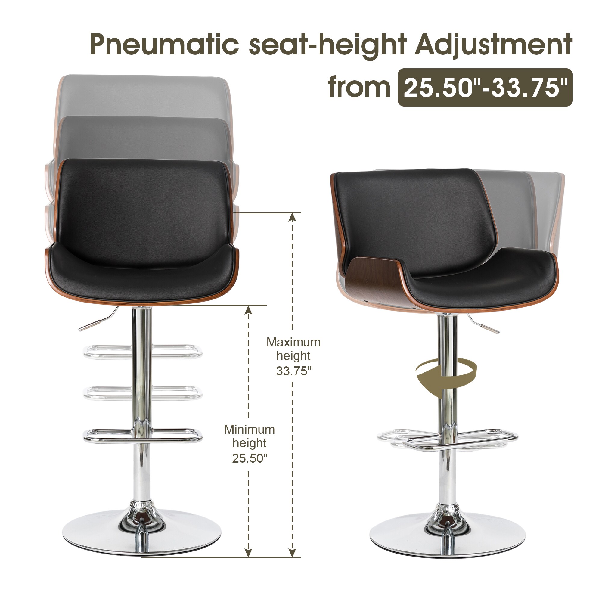 Modern Bentwood Adjustable Swivel Bar Stool Set in Black and Walnut