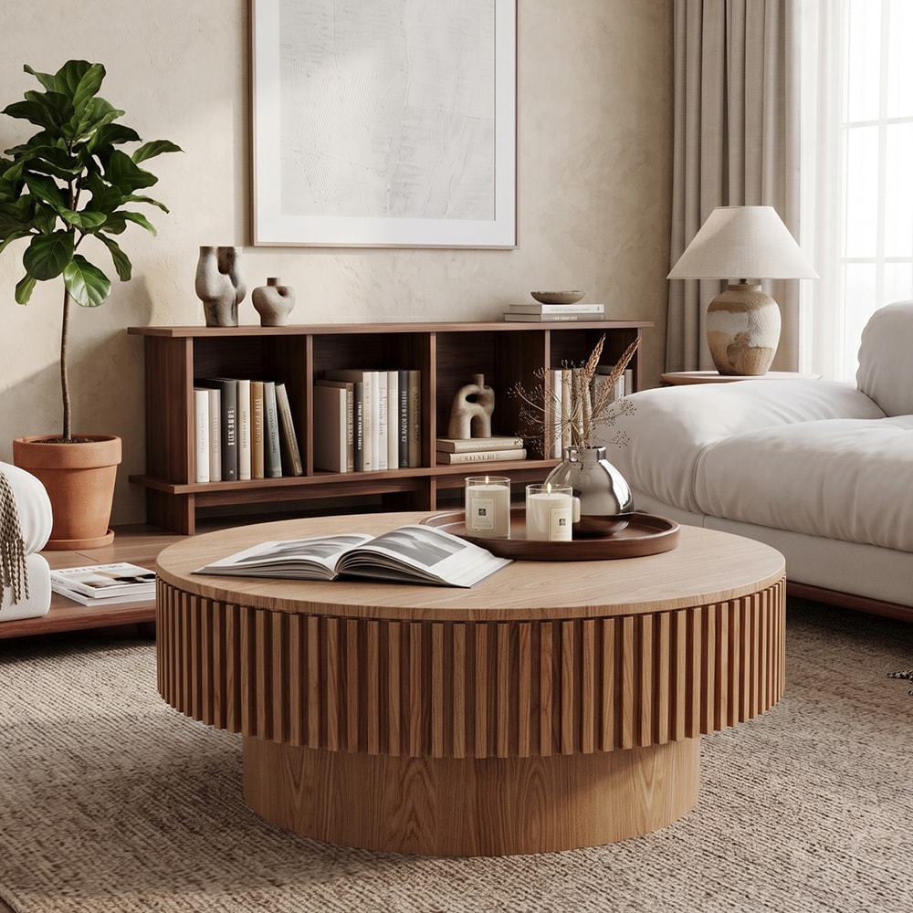 Coolbibila Natural Wood Round Coffee Table with Solid Wood Veneer and Hidden Storage Living Room Accent Table