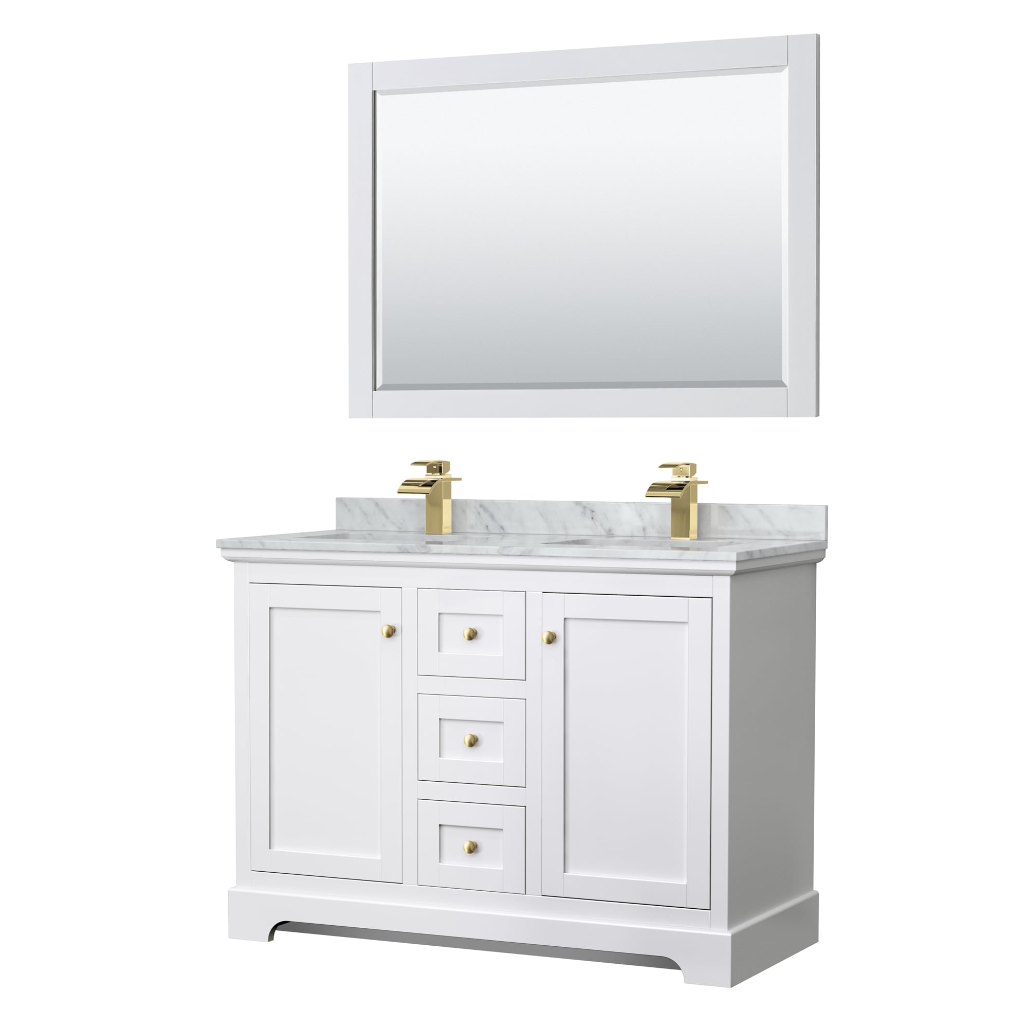 Wyndham Collection WCV232348DWGCMUNSM46 Avery 48-in White with Brushed Gold Trim Undermount Double sink Bathroom Vanity with White Carrara Marble Marble Top (Mirror Included)