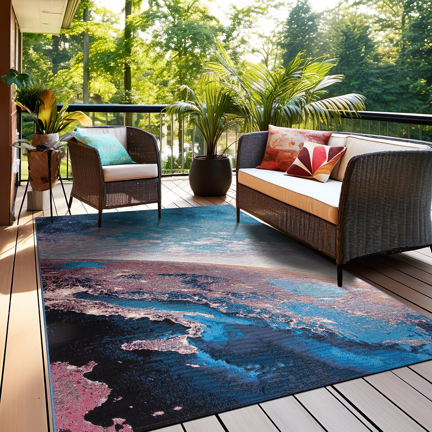 Cosmic Galaxy Red and Blue Rectangular Synthetic Rug 5' x 7'