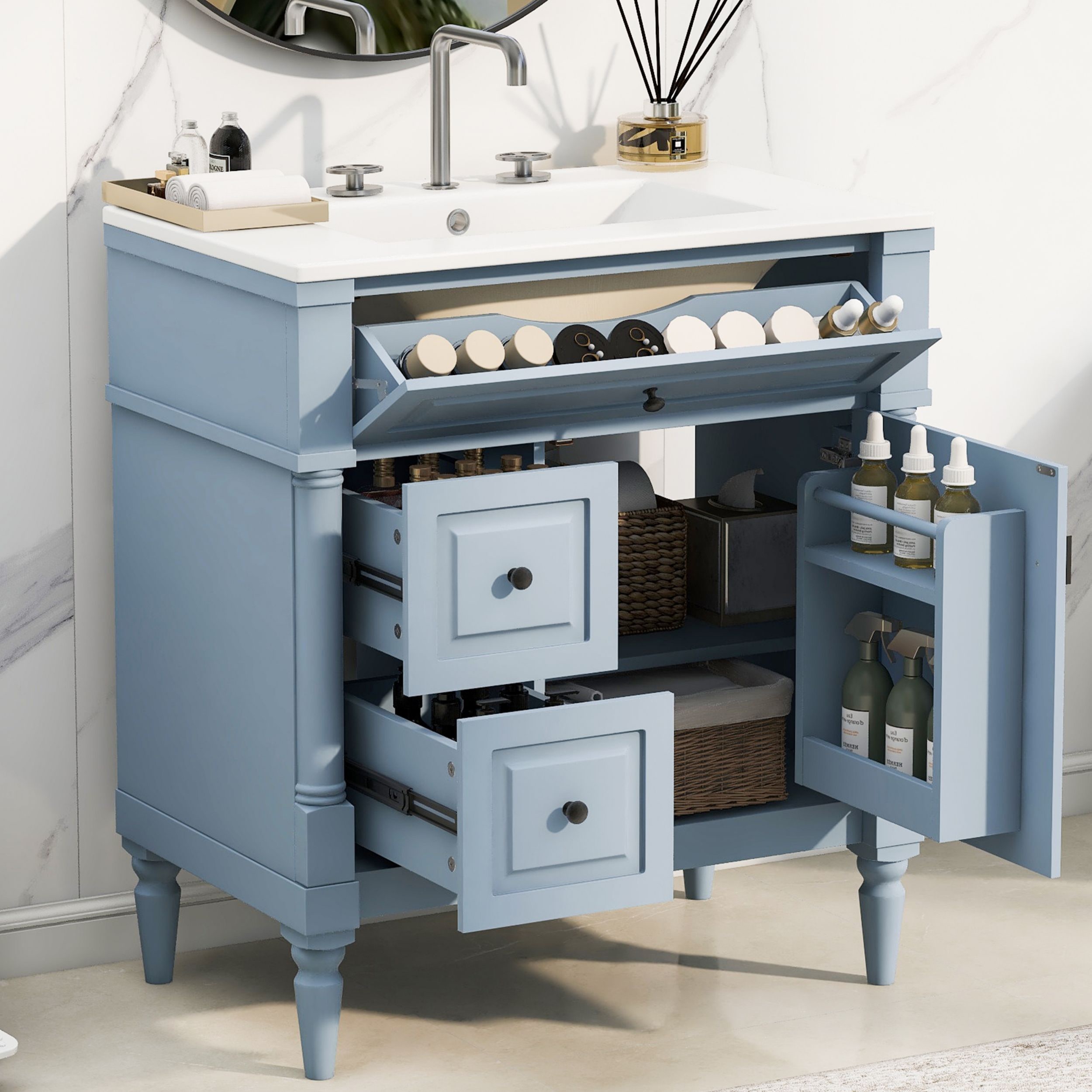 Poinic Assembly Required 30-in Blue Gray Undermount Single Sink Bathroom Vanity with White Ceramic Top