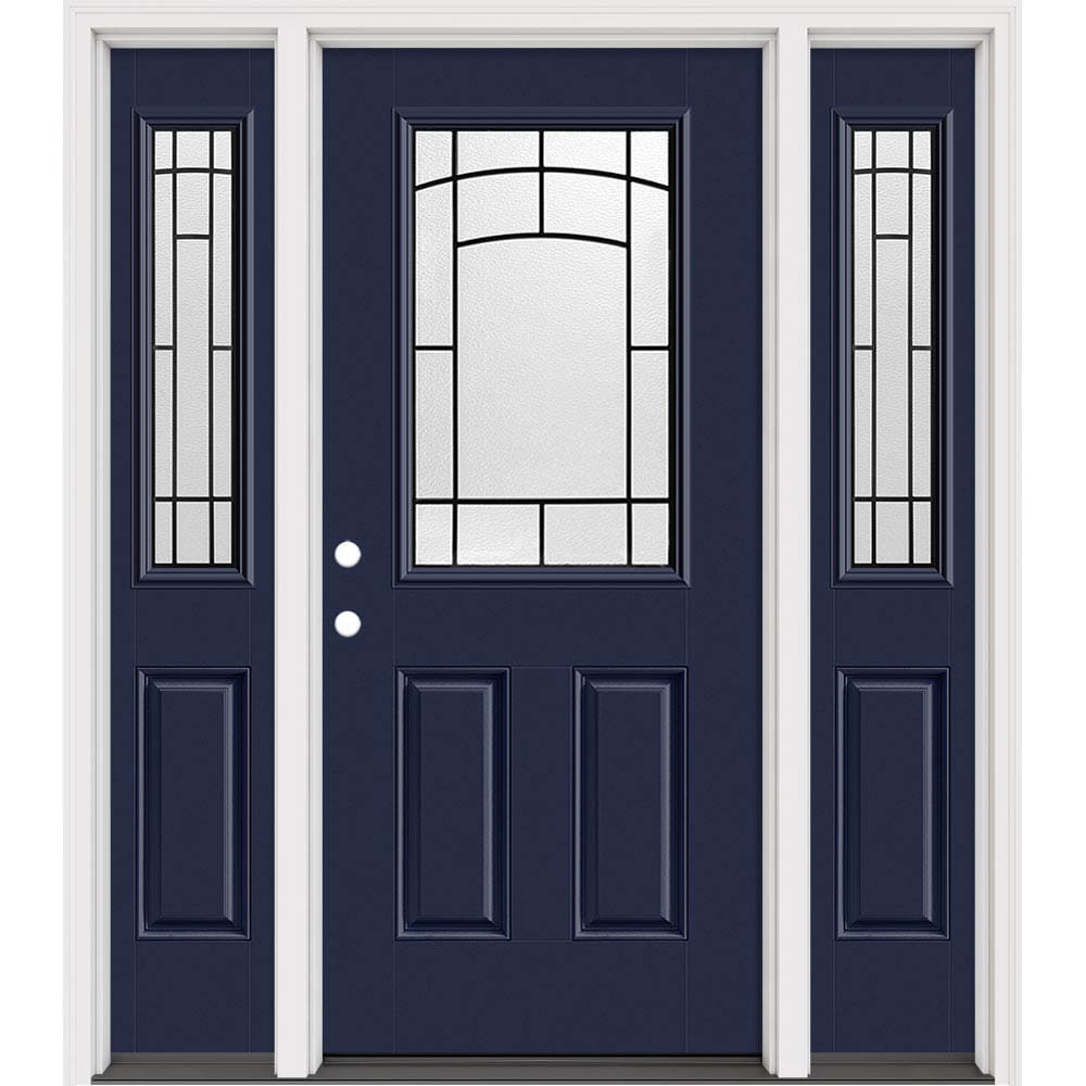 Masonite 631767 Brooklyn 64-in x 80-in x 4-9/16-in Fiberglass 3/4 lite Right-hand inswing Roma Red Painted Prehung Slab Front Door with Sidelights with Brickmould Solid core