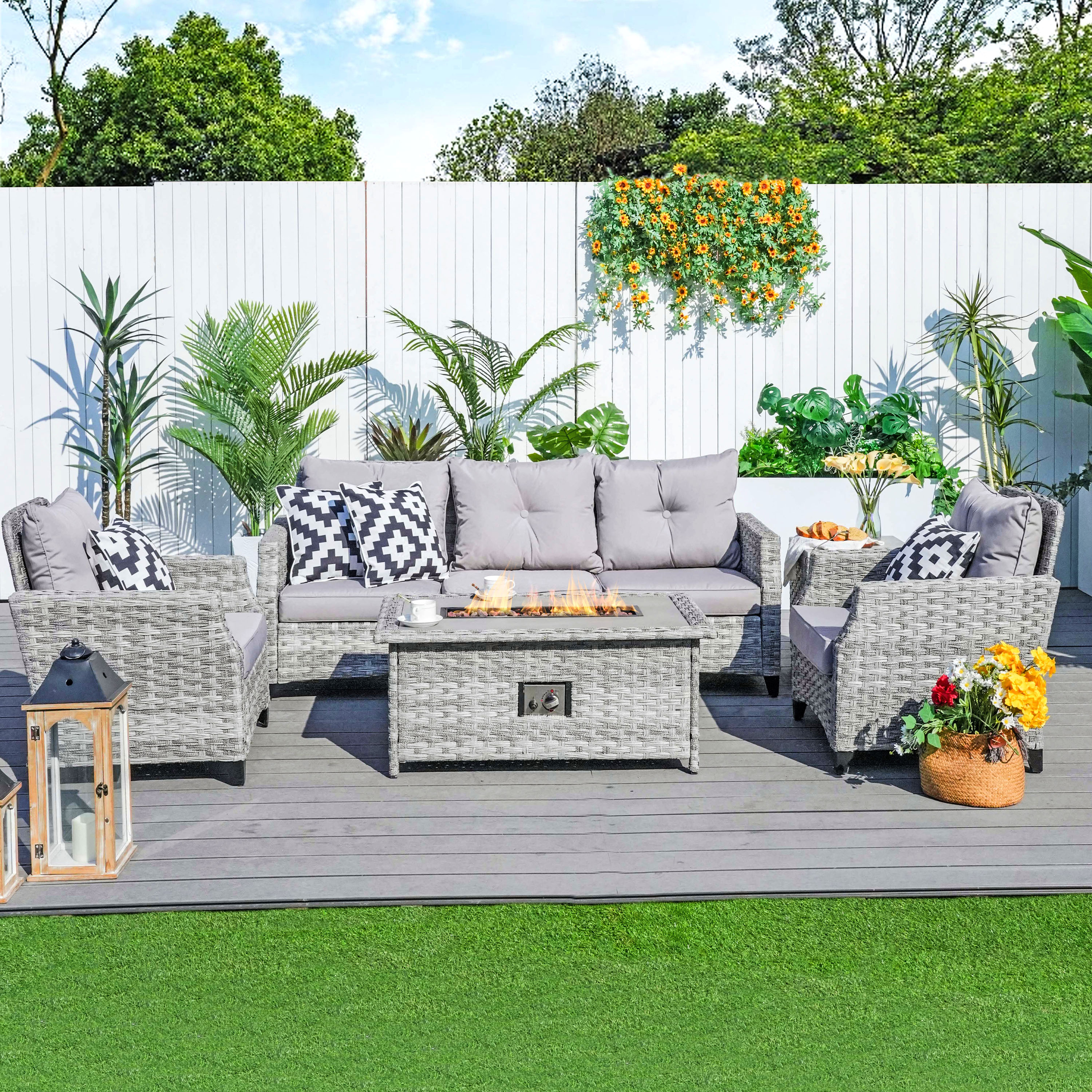 Moda Furnishings CMAF-1802-GR Fire 5 -Piece Wicker Patio Sofa Conversation Set with Gray Cushions
