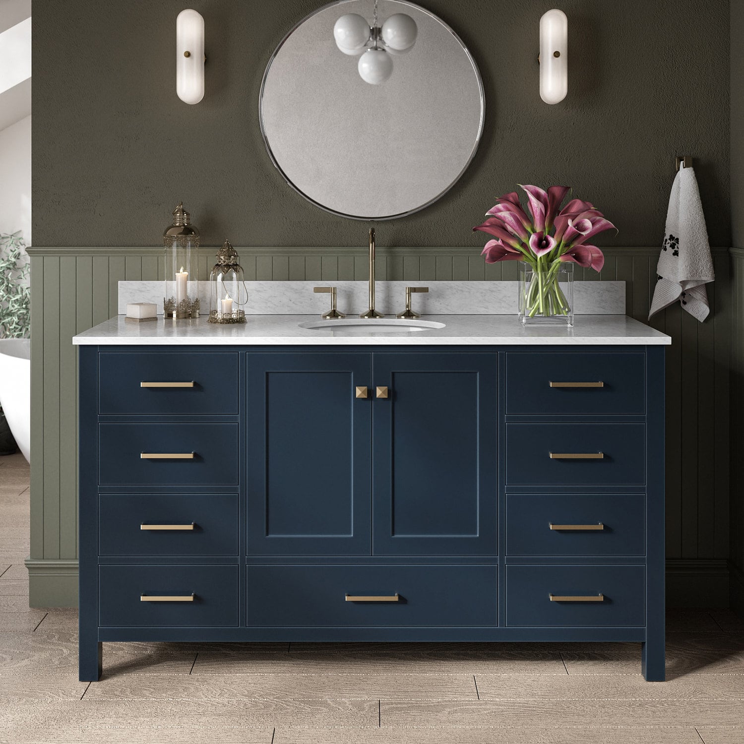 ARIEL A061SCW2OVOMNB Cambridge 61-in Midnight Blue Undermount Single sink Bathroom Vanity with 0.75" Carrara White Marble Natural marble Top