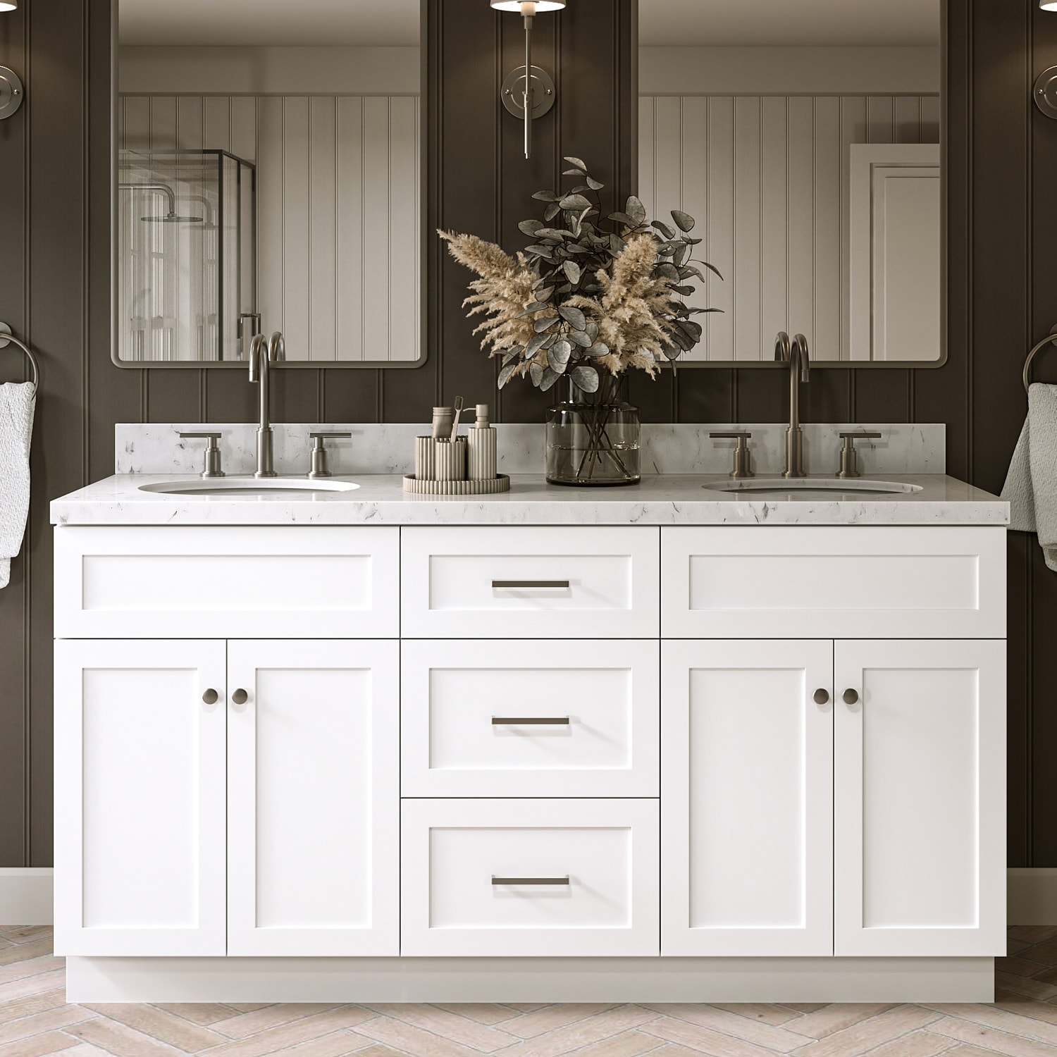 ARIEL Hamlet 66-in White Undermount Double Sink Bathroom Vanity with Carrara White Quartz Quartz Top