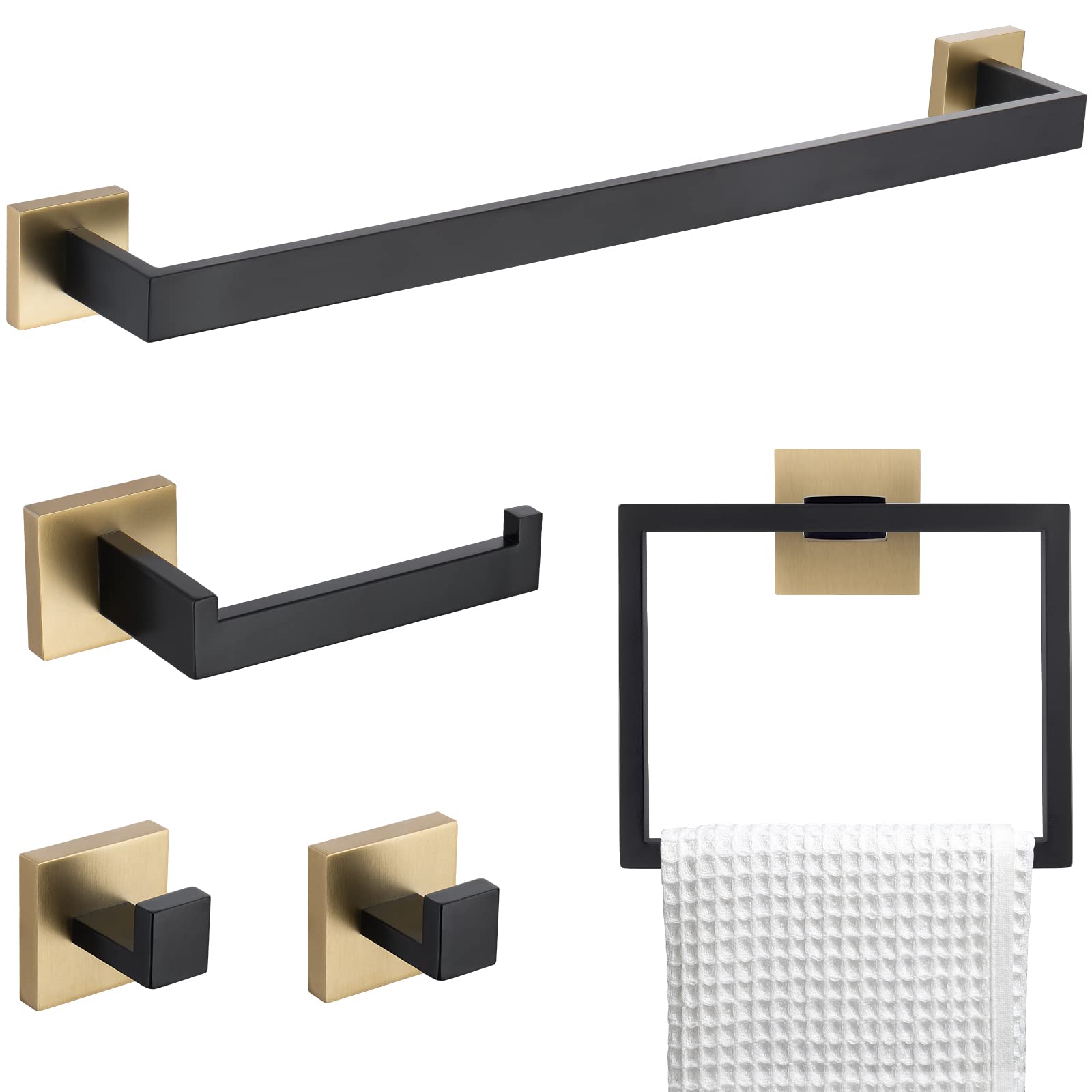 WELLFOR GGZP-121918MB 5 -Piece Stainless Steel Brushed Gold Decorative Bathroom Hardware Set Towel Bar, Toilet Paper Holder, Towel Ring ,Robe Hook Included