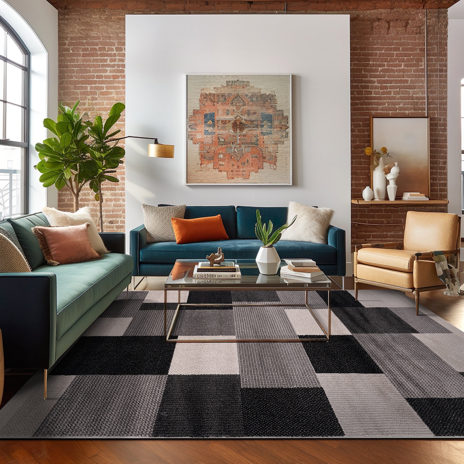 Modern Geometric Black and Gray Synthetic Rectangular Area Rug, 5' x 7'