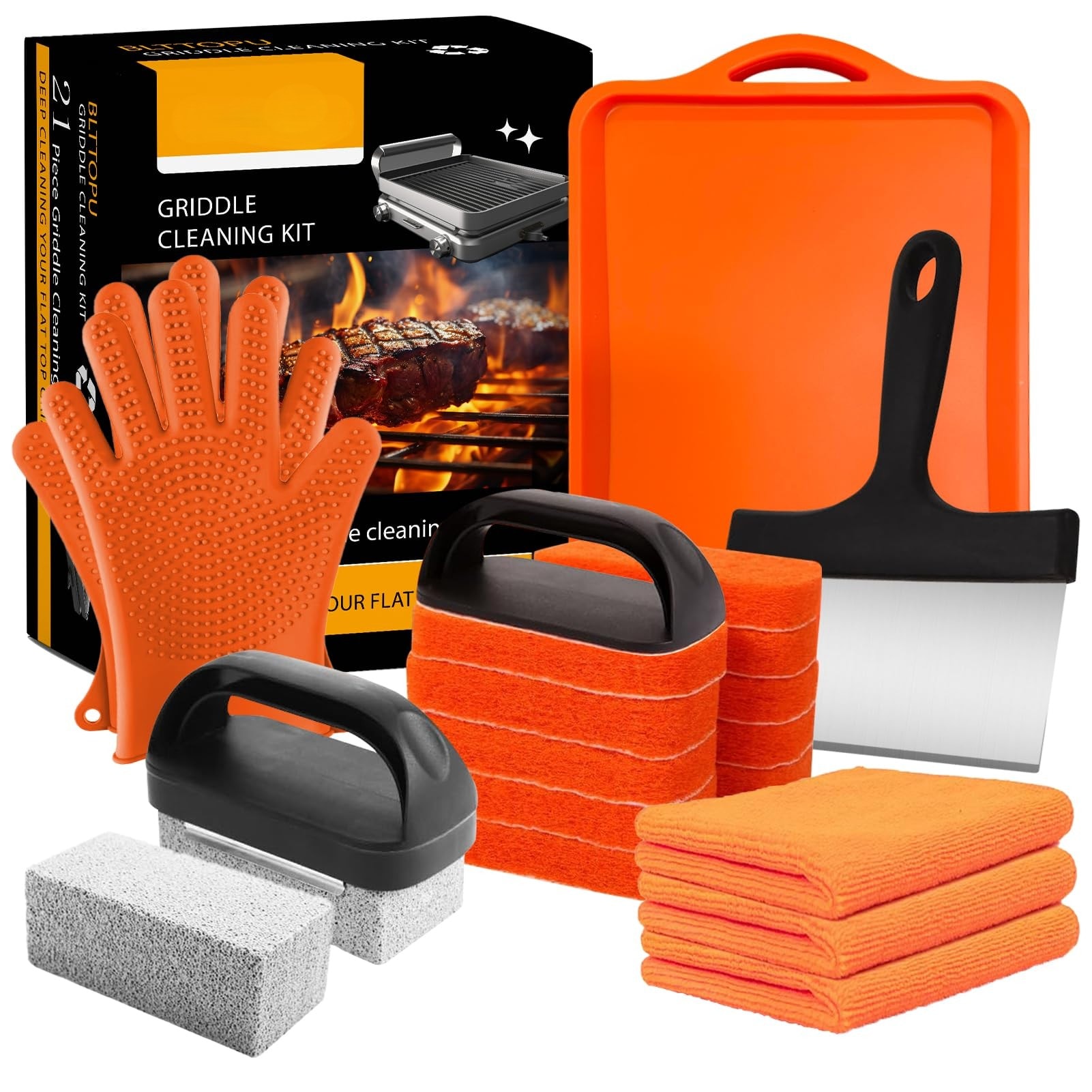 Angel Sar 3in L 2in W 1in H 21-Piece Silicone Pumice Stone Stainless Steel Polyester Fiber Plastic Flat Top Grill Cleaning Kit Black Griddle Cleaning Accessories Set
