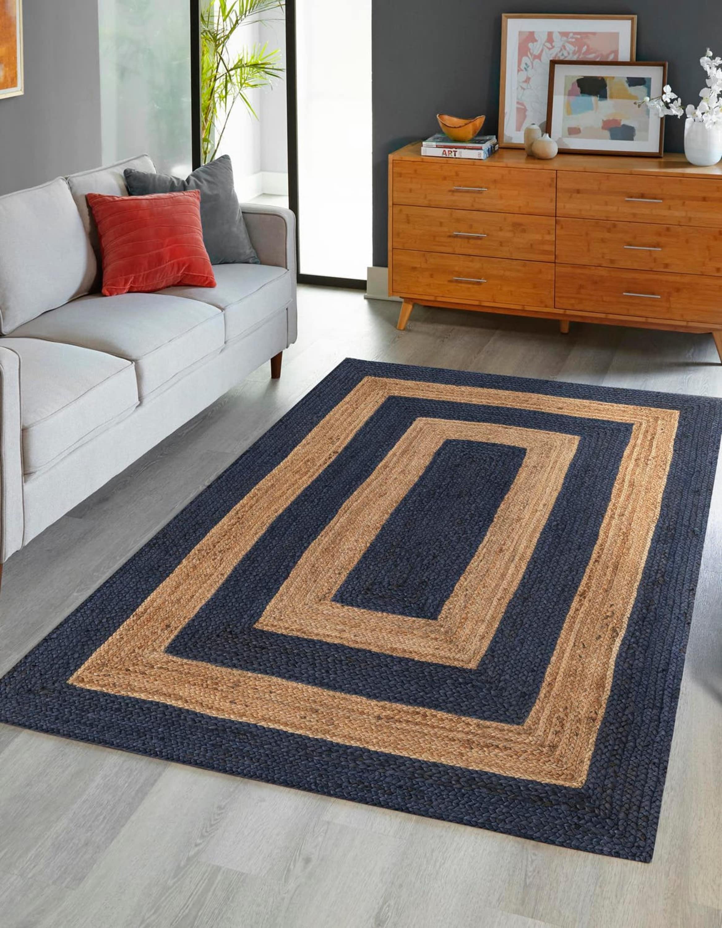 Unique Loom 3183199 Braided Jute 4 x 6 (ft) Braided Jute Navy Blue Natural Rectangular Indoor Geometric Area rug
