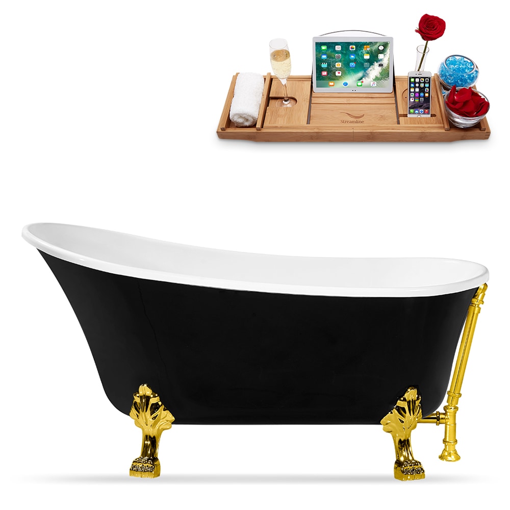 Streamline N345GLD-GLD 31.5-in x 66.9-in Glossy Black Acrylic Oval Clawfoot Soaking bathtub with Drain ( Reversible Drain )