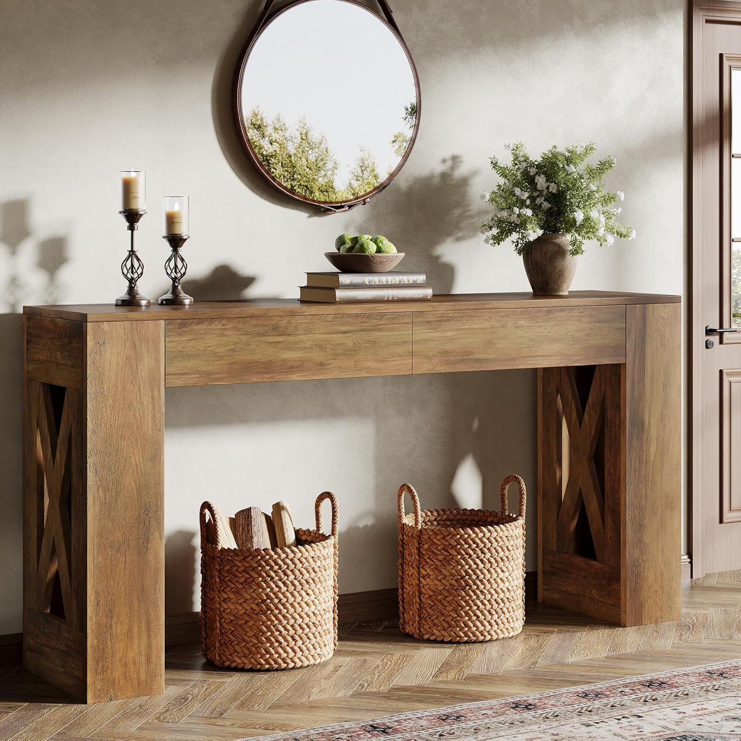 Tribesigns - 63 inches Long Console Table Farmhouse Entryway Table with 2 Drawers and X Shaped L...