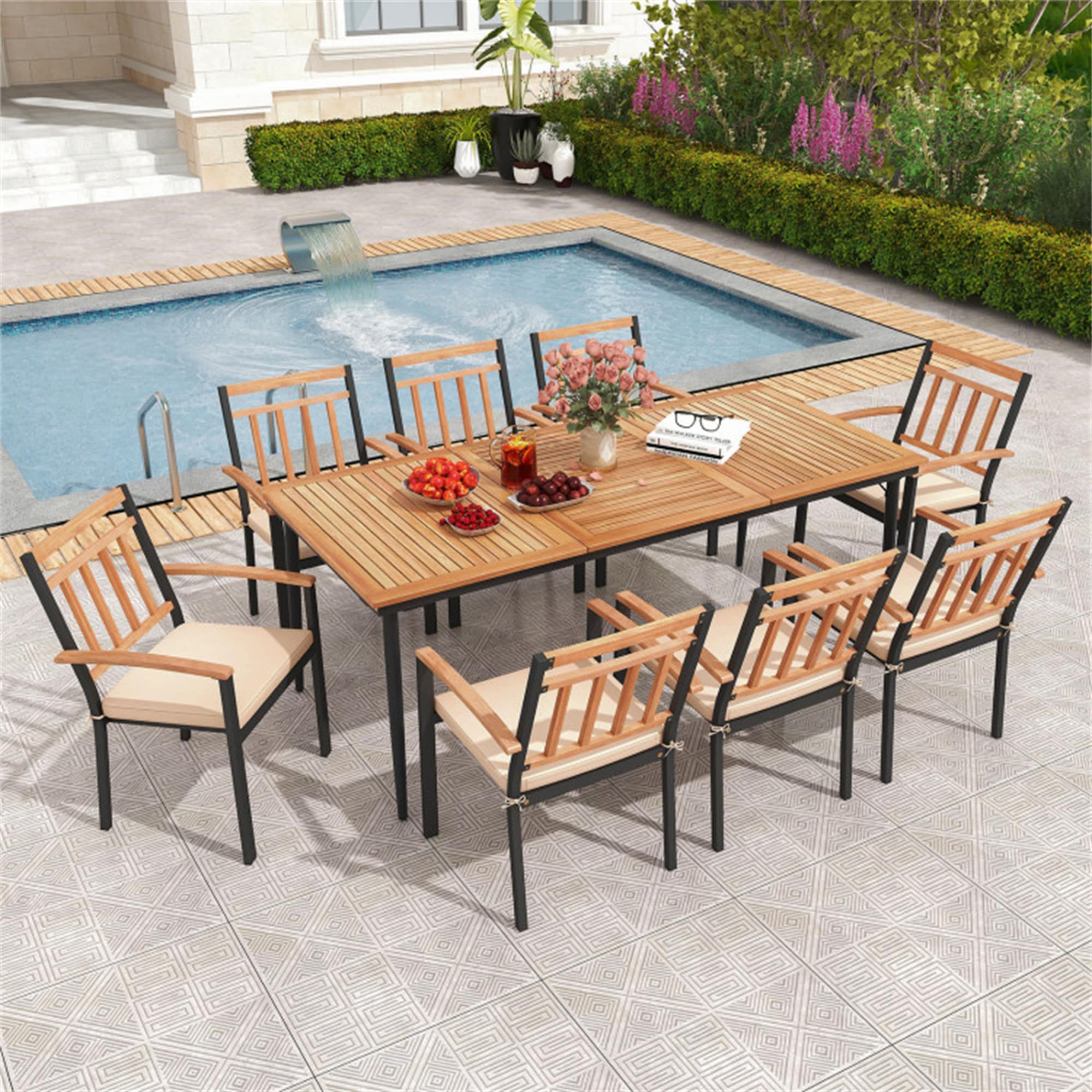 BABOOM BOM-W71587+-CO Outdoor Dining Furniture Sets 9 -Piece Natural and Black Patio Dining Set Wood Rectangle Table with 8 Off-white Cushions Stationary Chairs