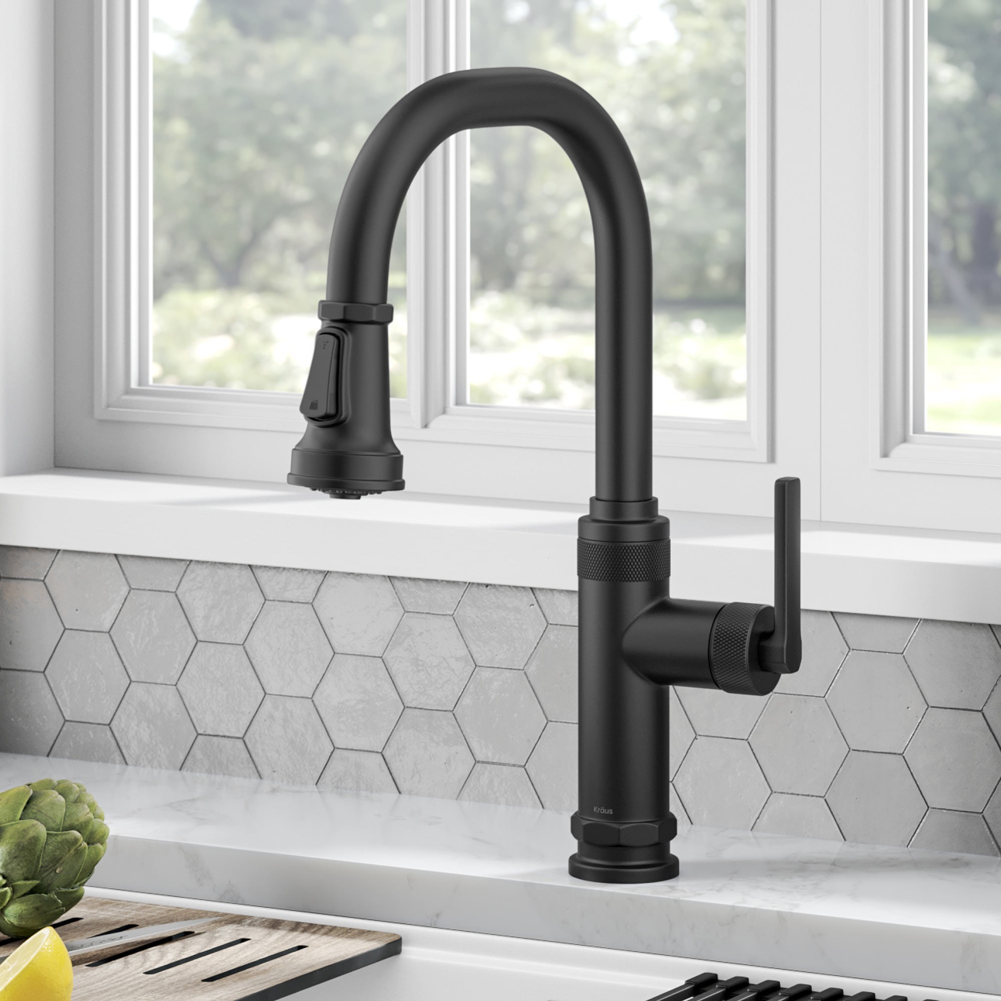 Kraus KPF-4102MB Allyn Matte Black Single Handle Deck-mount Kitchen Faucet with Sprayer