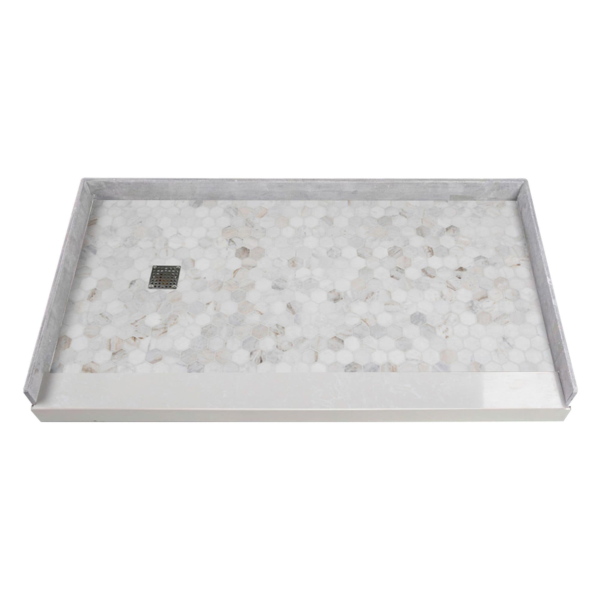 Off-White Hexagon Pre-Tiled Rectangular Shower Base with Left Drain