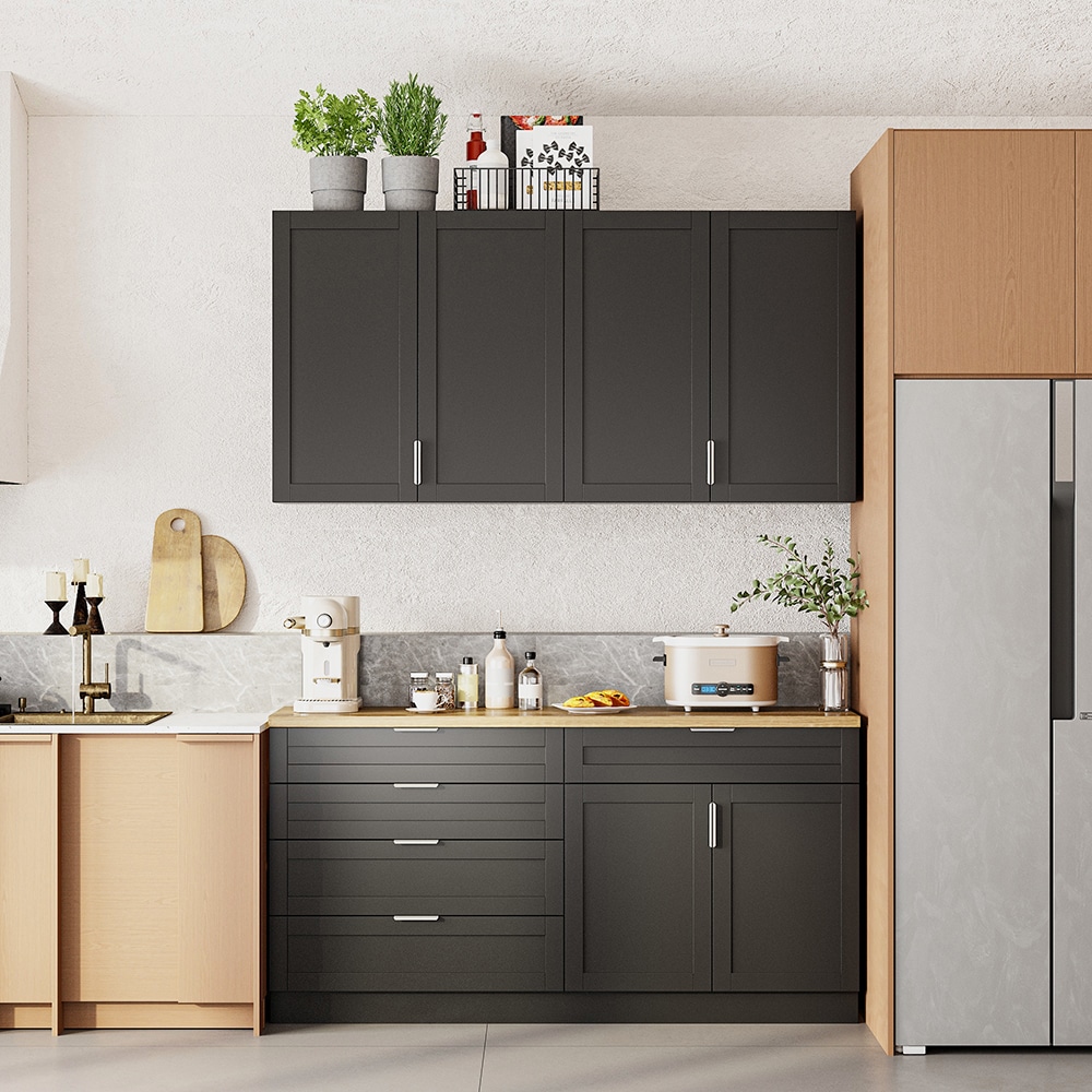 Homsee C-KF210352-01-AB Modern Split Kitchen Cupboard Set with Oak Finish Countertop and Black MDF Cabinets for Storage and Organization