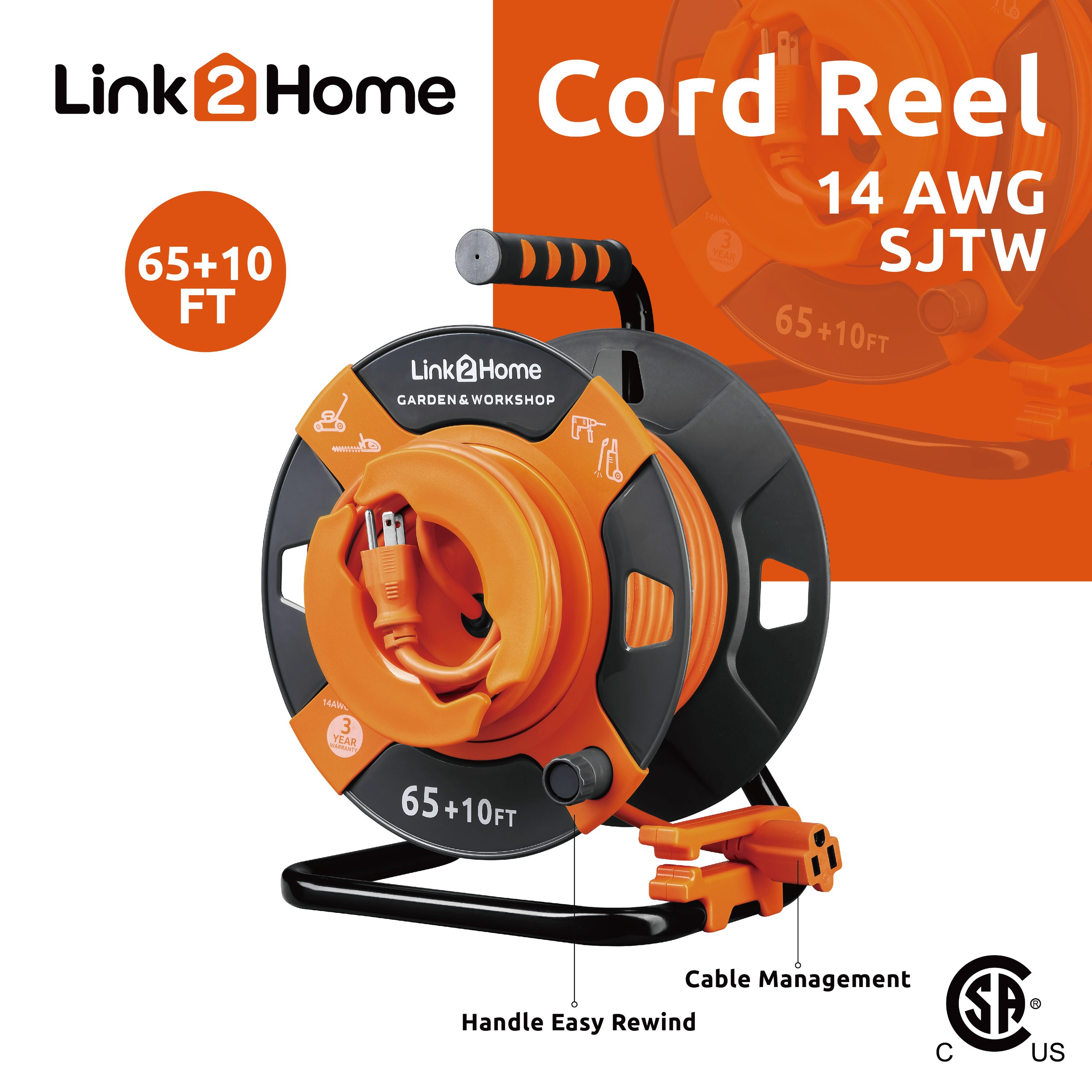 LINK2HOME Link2Home cord reel 75-ft 14 / 3-Prong Indoor Sjtw