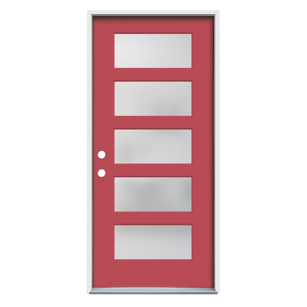 JELD-WEN LOWOLJW231300850 Frosted 32-in x 80-in x 4-9/16-in Fiberglass Full lite Right-hand inswing Warm Hibiscus Painted Prehung Front Door Insulating core