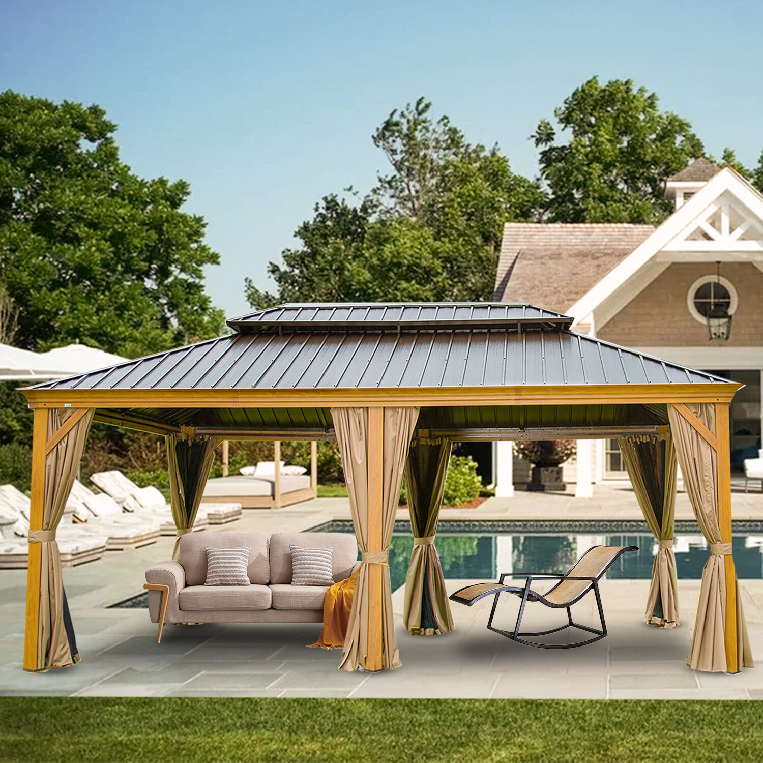 Bansa Rose 12 Ft X 20 Ft Rectangle Brown Metal Steel Roof Grill Gazebo With Screen Included In