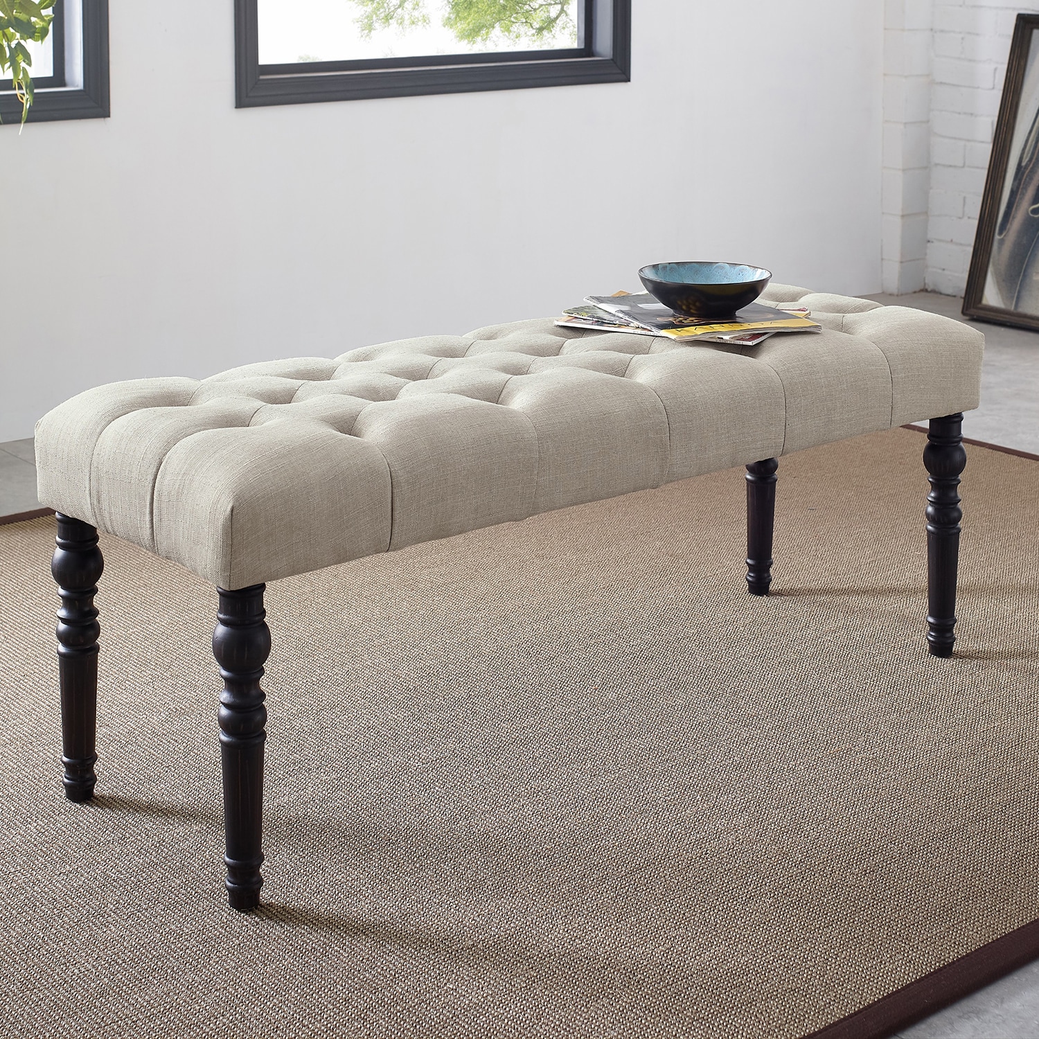 Mondawe MO-HZ64618 Midcentury Beige Accent Bench with Storage 48-in x 16-in x 19.5-in