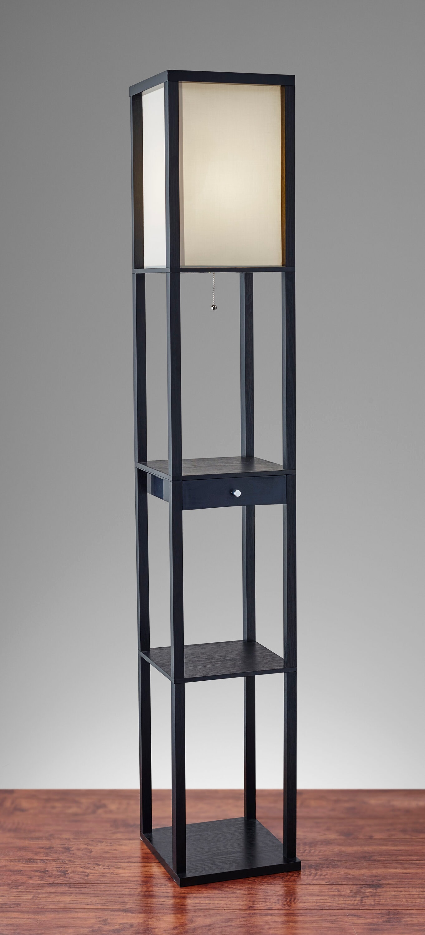 Black MDF Shelf Floor Lamp with Drawer and Lampshade