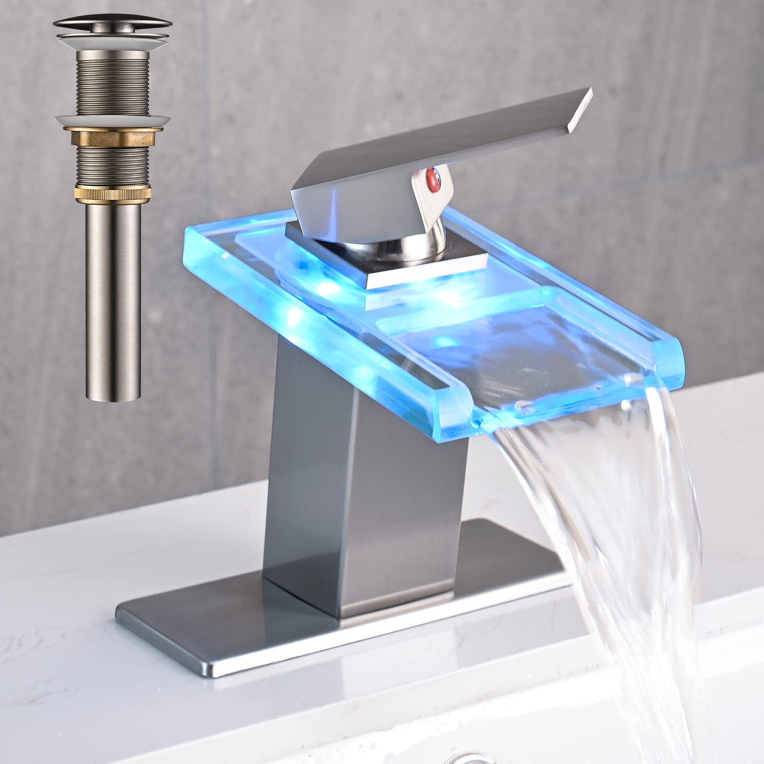 AVSIILE Single Hole Waterfall Bathroom Sink Faucet with LED Temperature Display Brushed Nickel Finish Includes Pop-Up Drain and Supply Lines